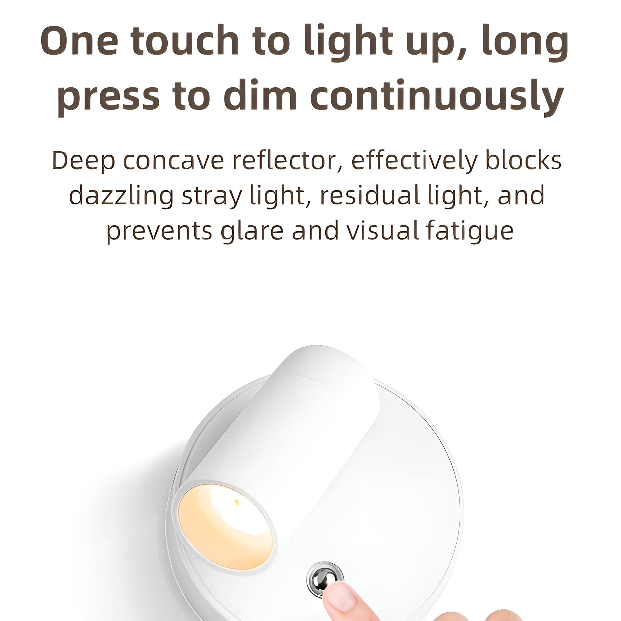 Weiße Wandleuchte mit Knopf. Text: One touch to light up, long press to dim continuously.