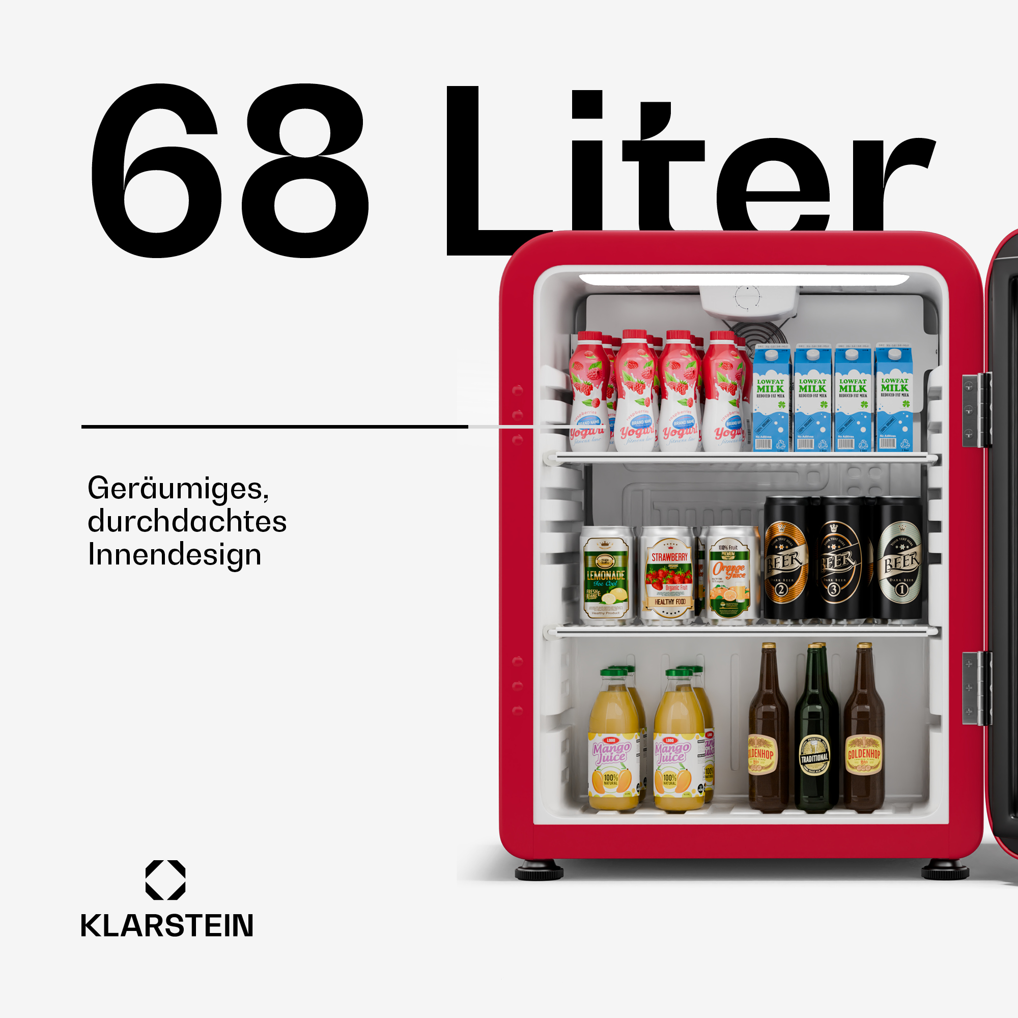 Roter Mini-Kühlschrank mit Getränken. Er zeigt Joghurt, Saft, Bier und Wasserflaschen.