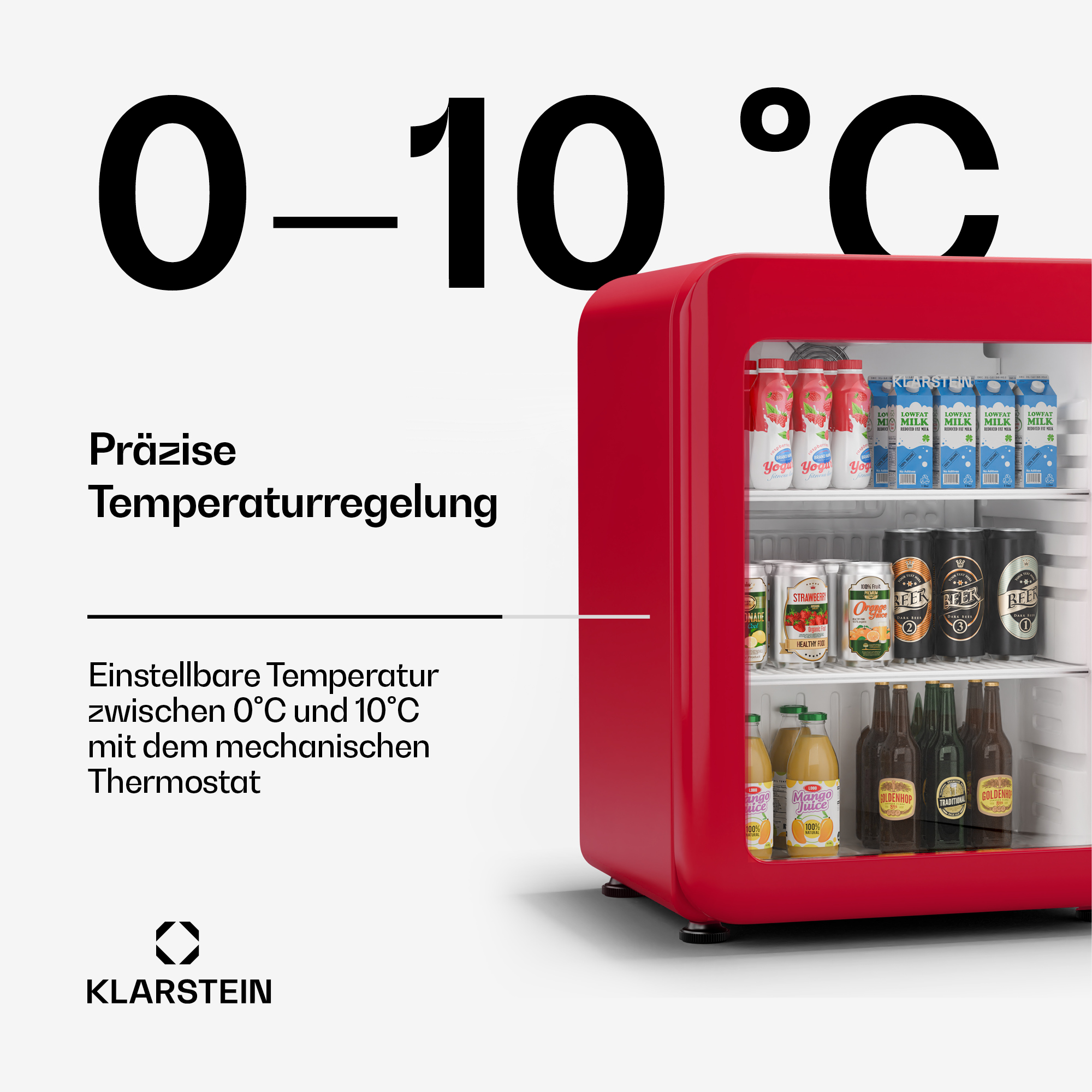 Minikühlschrank mit Getränken. Temperaturanzeige zeigt 0-10°C. Rotes Äußeres.