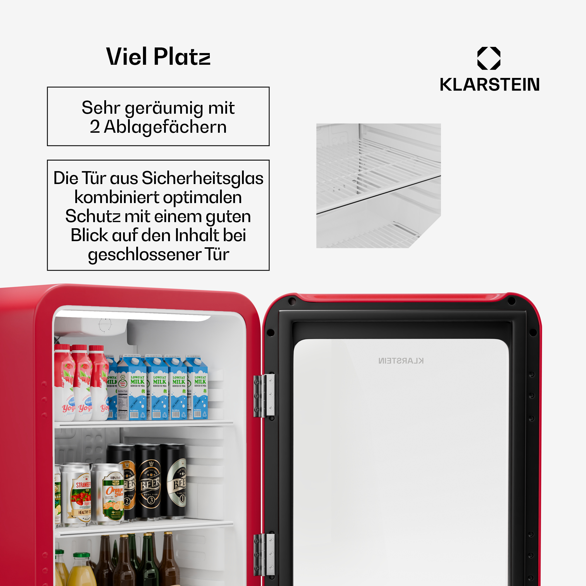 Roter Mini-Kühlschrank, geöffnet, um Regale mit Getränken zu zeigen, mit Text über Platz und Sicherheitsglas.