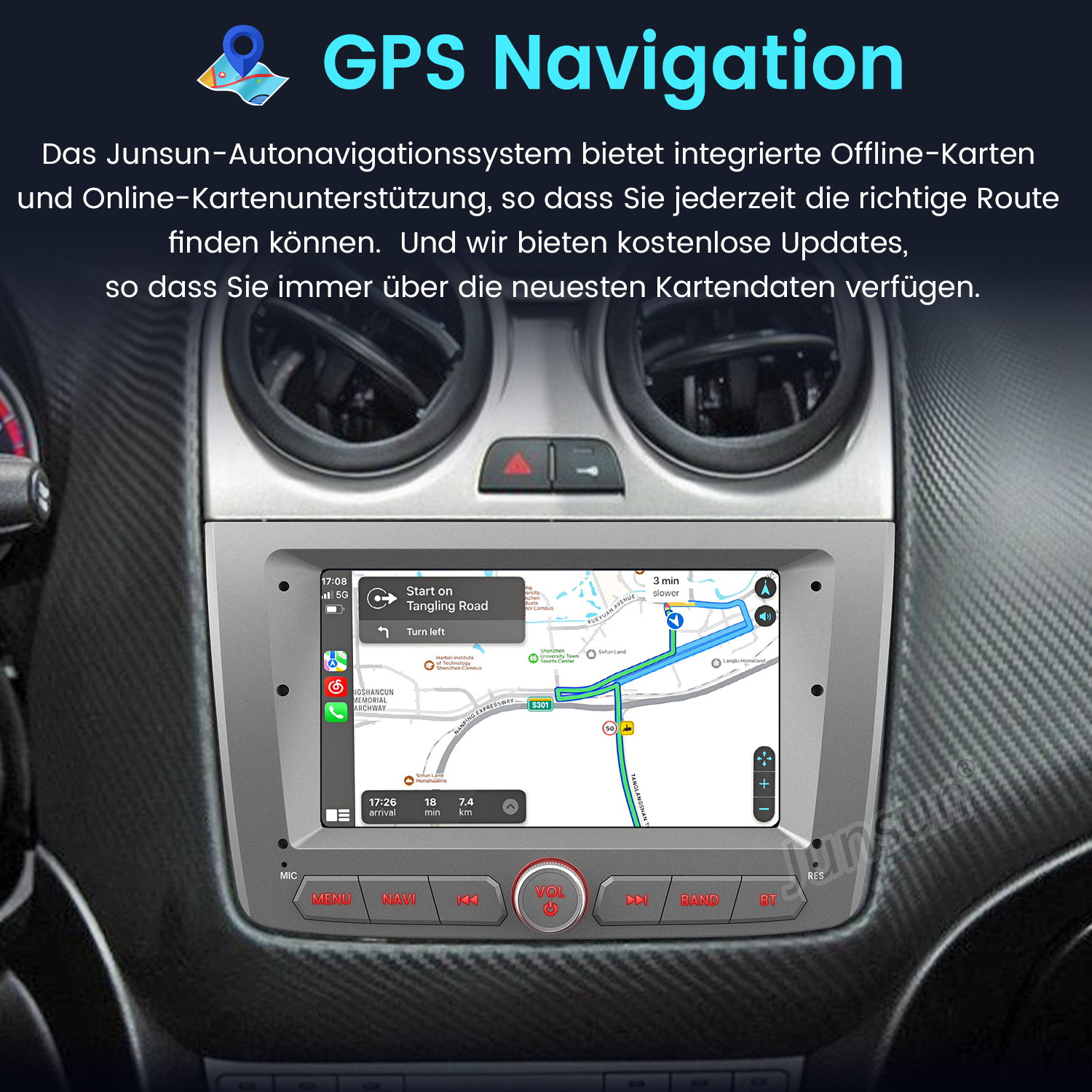 Ein Auto-Navigationssystem-Bildschirm mit einer Karte, einer Route und Navigationsoptionen.