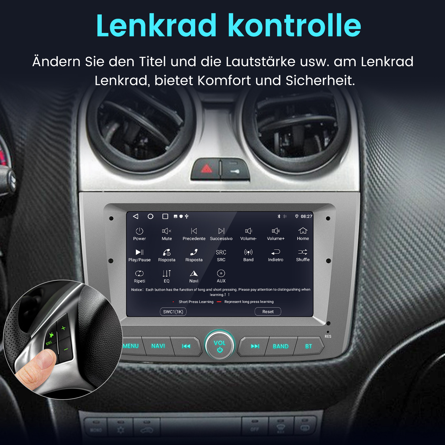 Autoradio-Bildschirm mit Knöpfen und einer Hand. Text: Lenkradkontrolle.