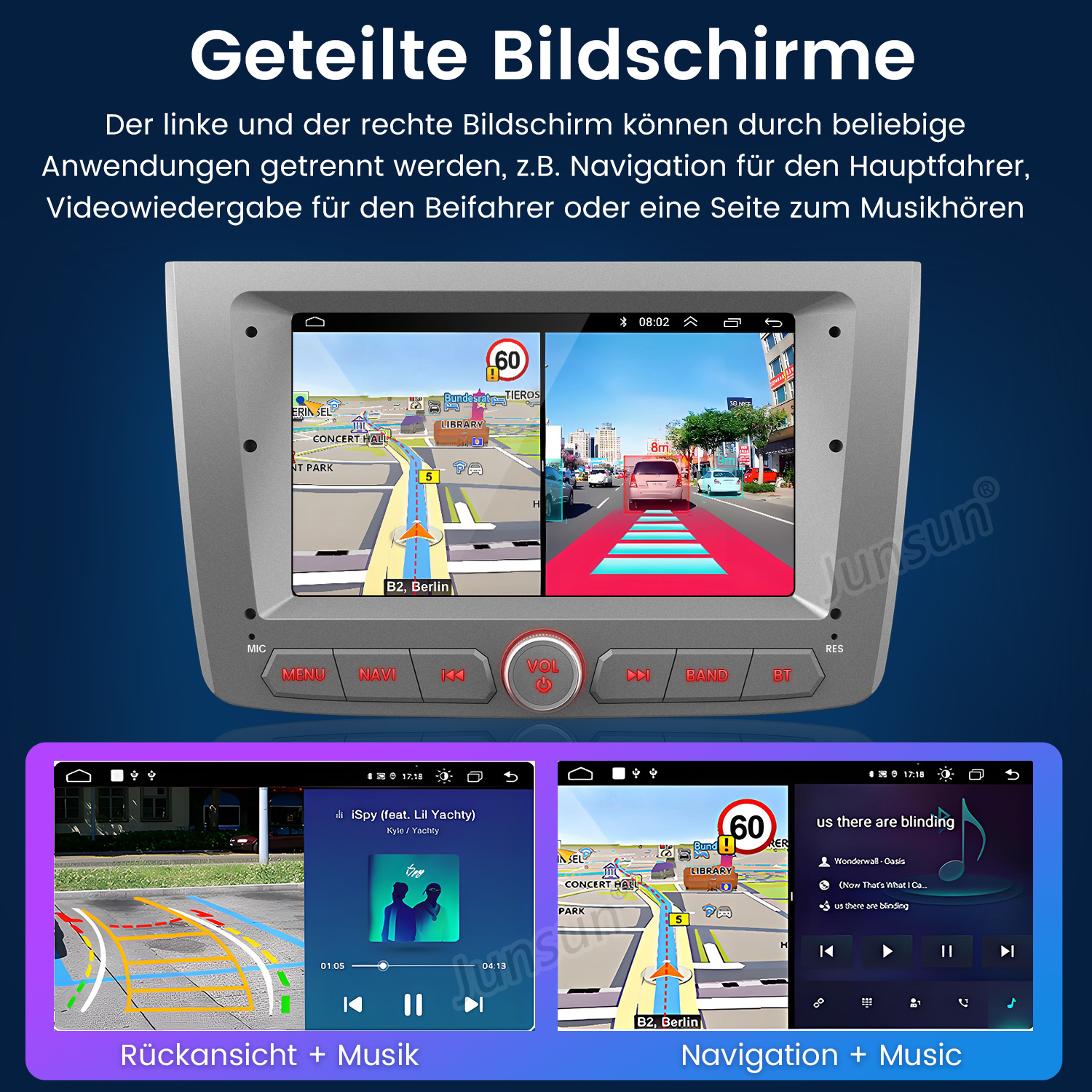 Auto-Display mit geteiltem Bildschirm mit Navigation und Musik.