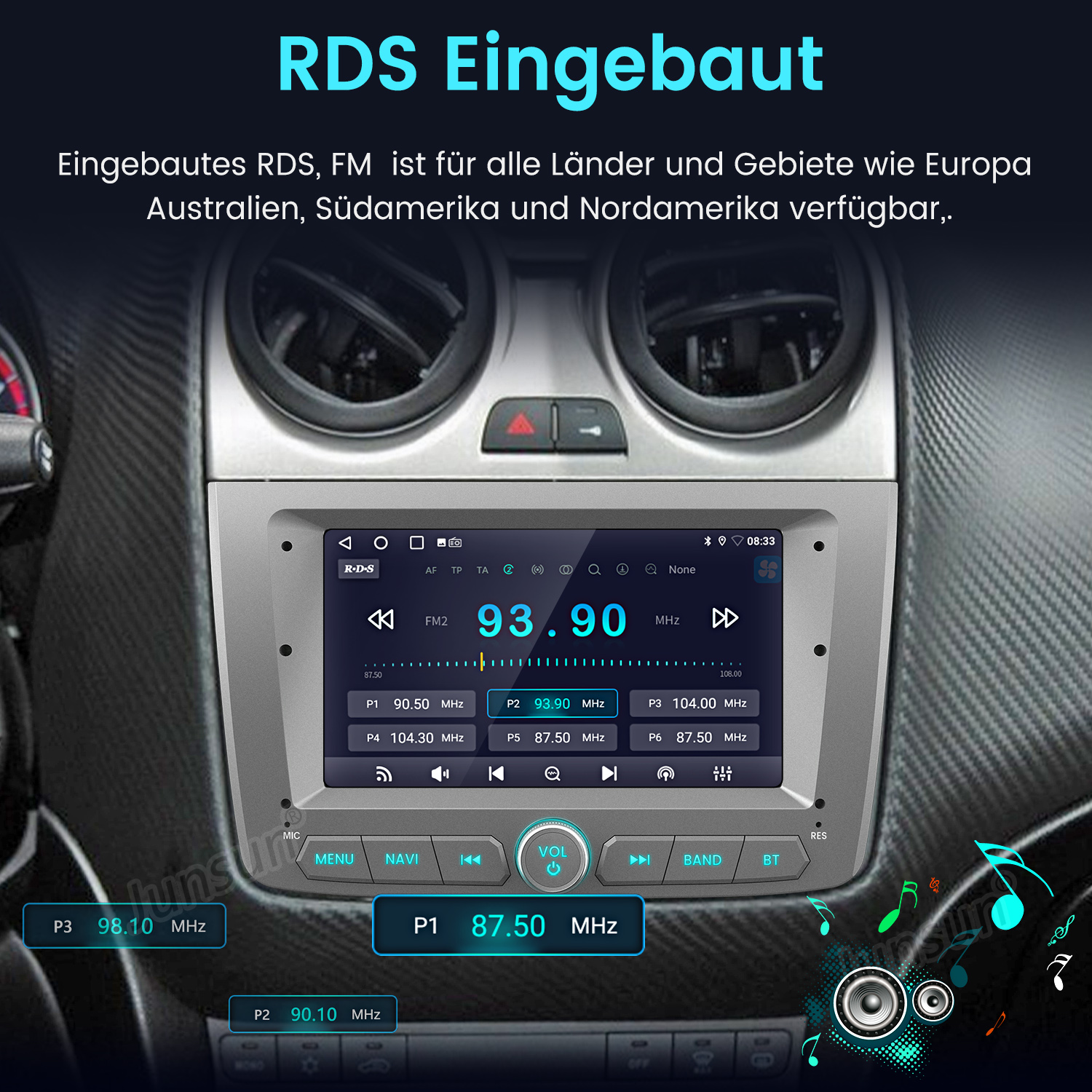 Autoradio. Zeigt RDS, FM und Frequenzinfo. Der Bildschirm zeigt eine Benutzeroberfläche. Der Hintergrund ist das Auto.