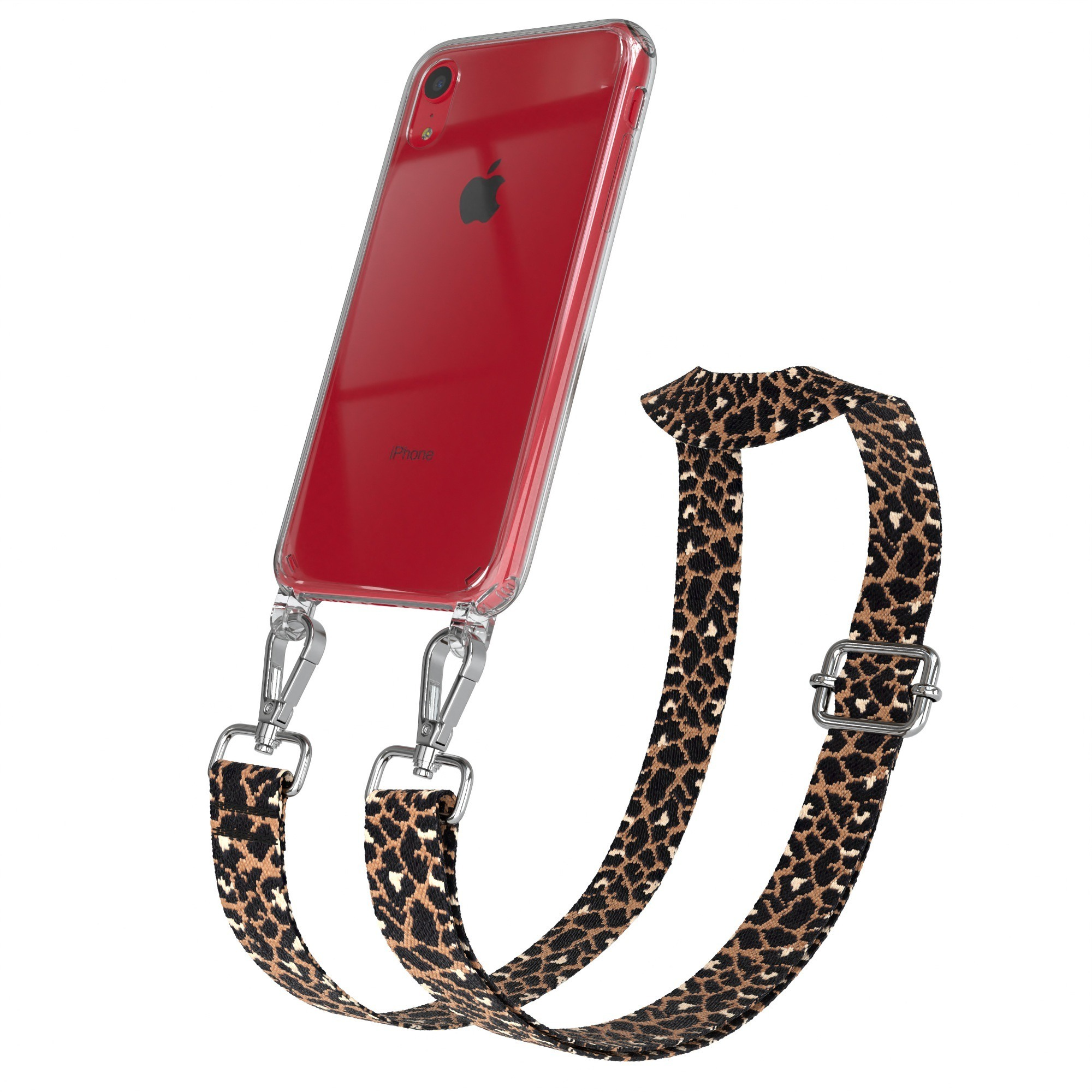 Rotes iPhone in klarer Hülle mit Leopardenmuster-Trageriemen.