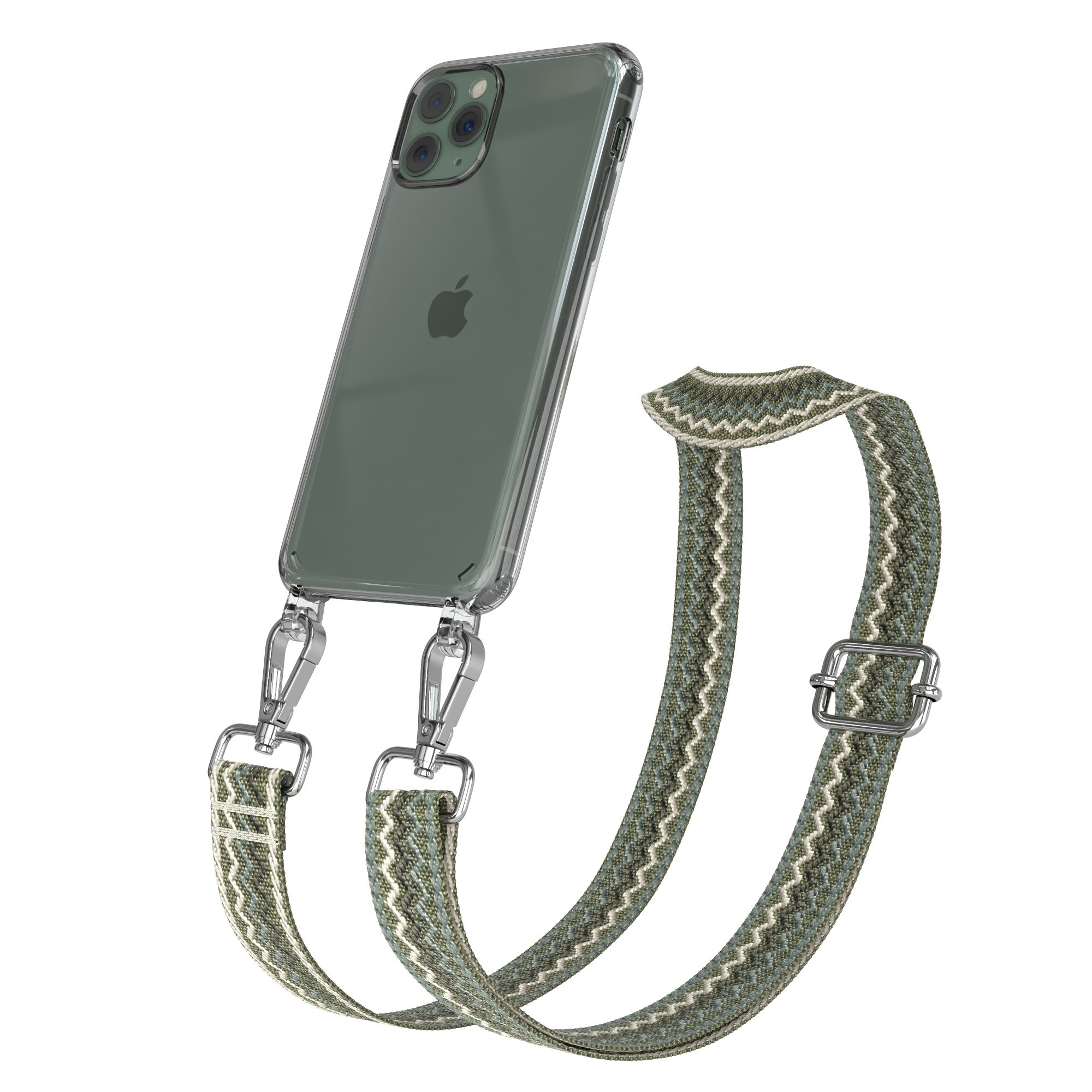 Telefon in transparenter Hülle mit grün-weißem Zickzack-Gurt. Mit silbernen Haken und Schnalle.