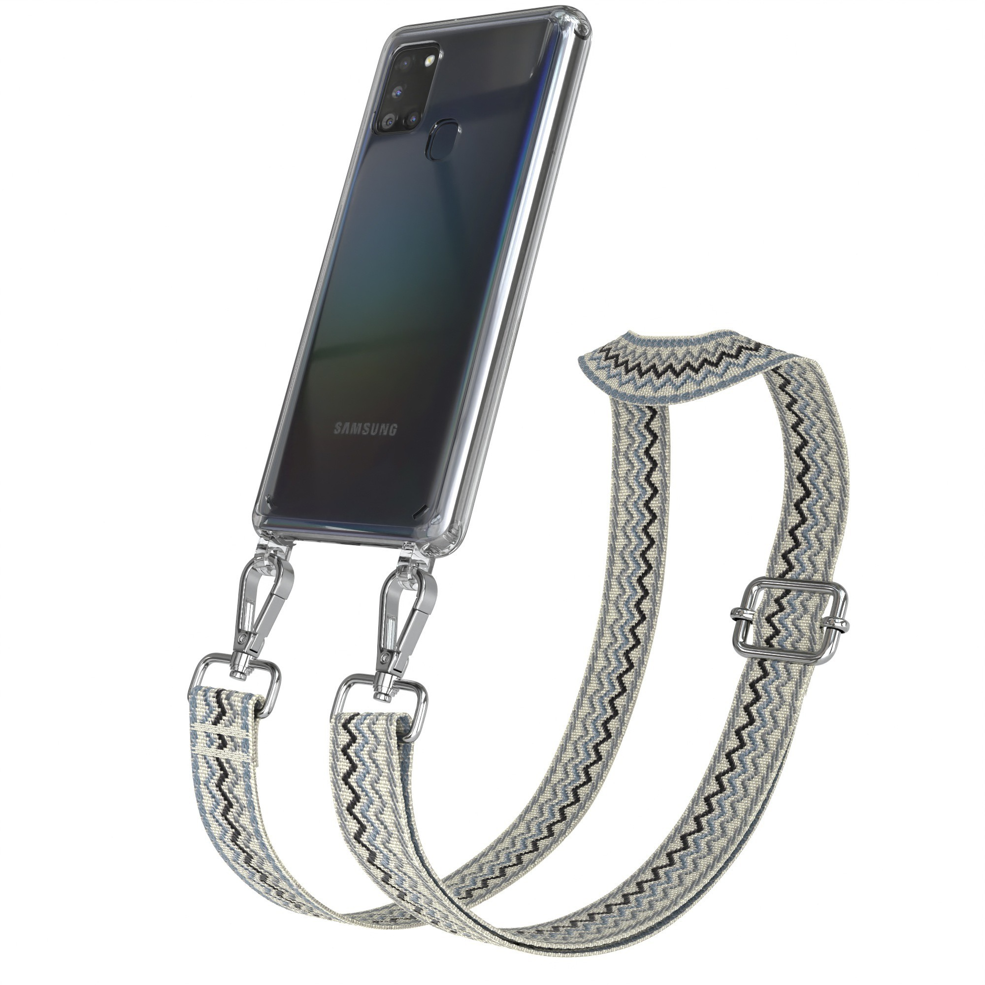 Telefon in klarer Hülle mit Band. Band hat blaues, schwarzes und weißes Zickzackmuster, silberne Verschlüsse.