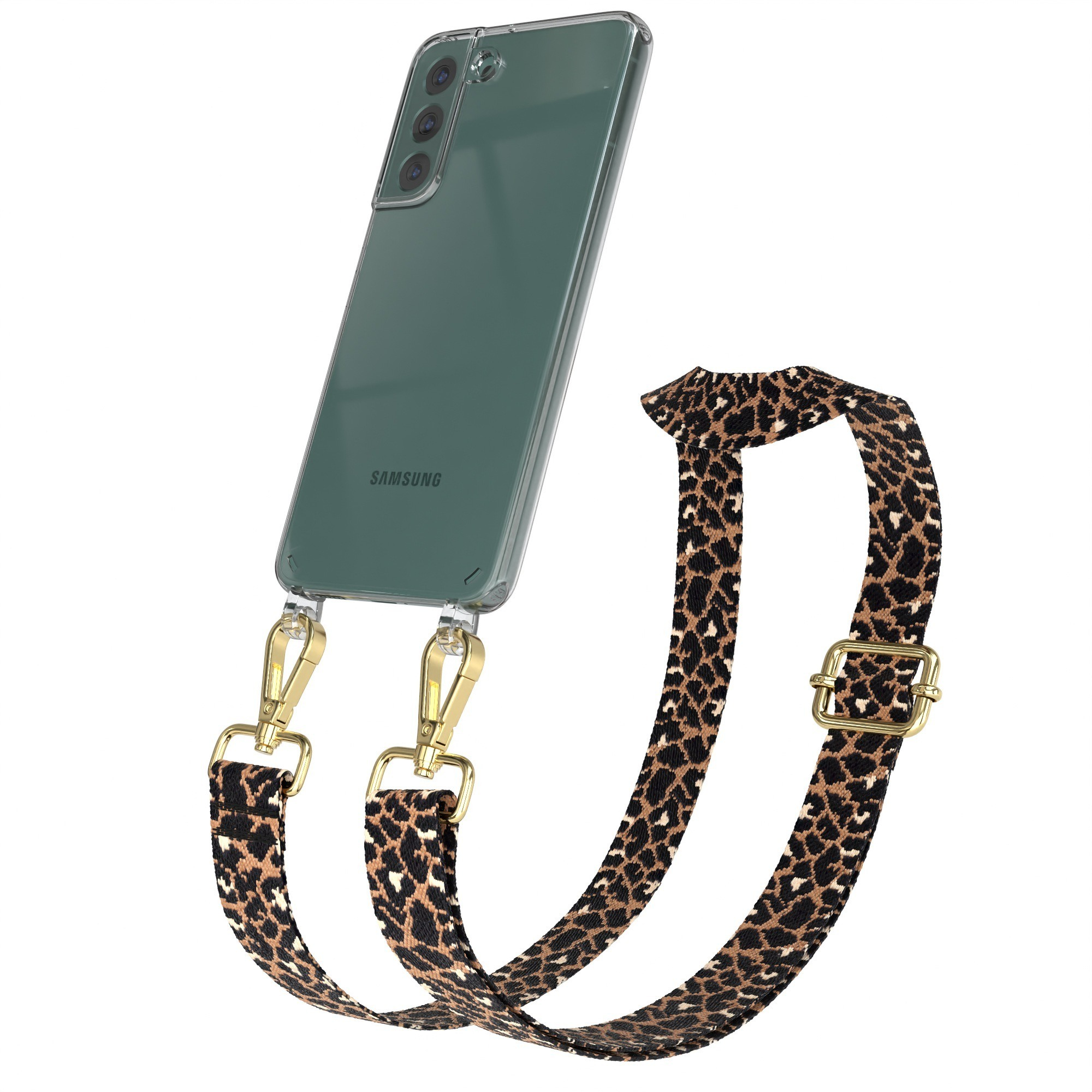 Klare Handyhülle mit Leopardenmuster-Gurt. Telefon grün, hat drei Kameras.