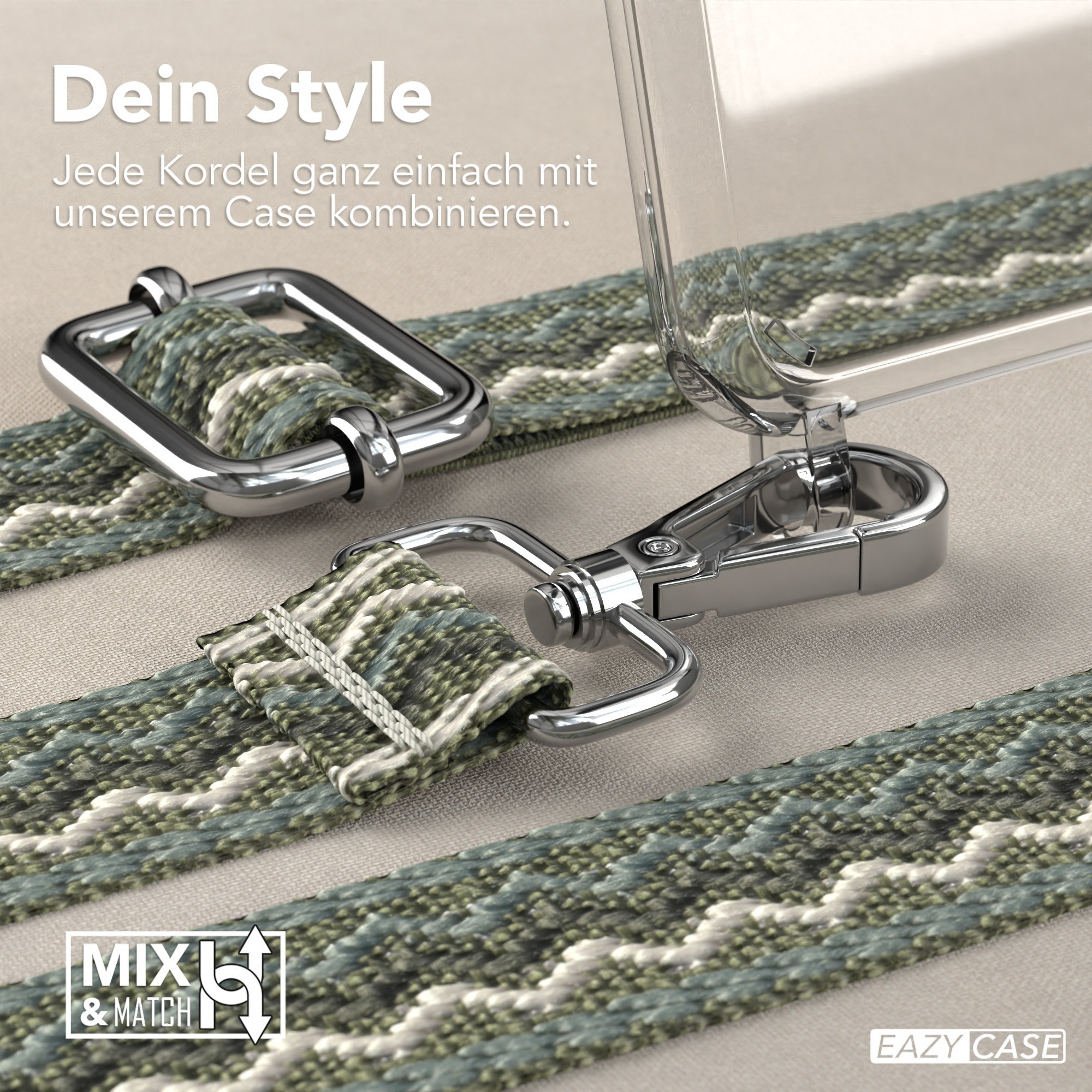 Nahaufnahme eines Telefon-Lanyards mit geflochtenem Riemen und silberner Hardware.
