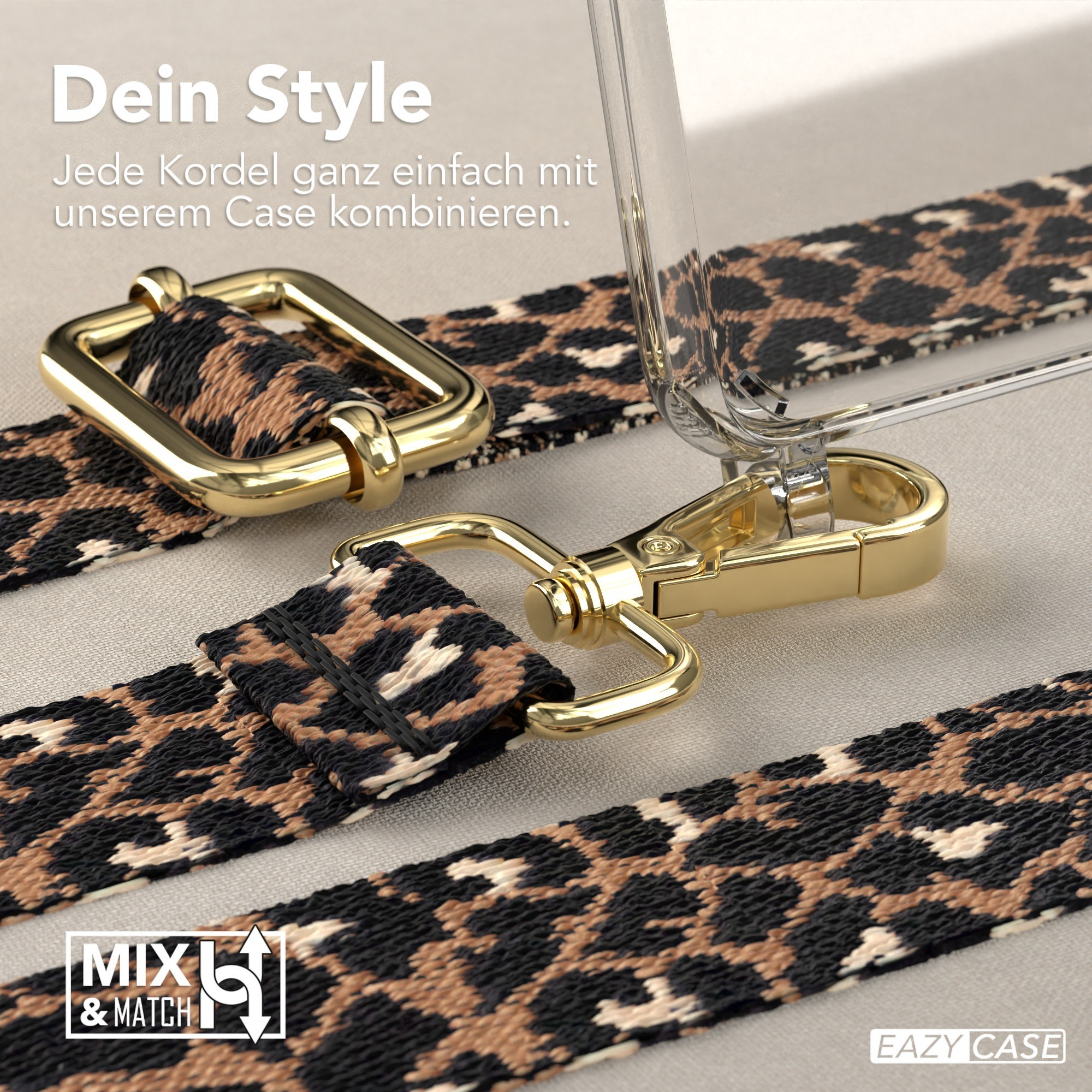 Nahaufnahme von Telefonriemen-Details mit Leopardenmuster und goldener Hardware.