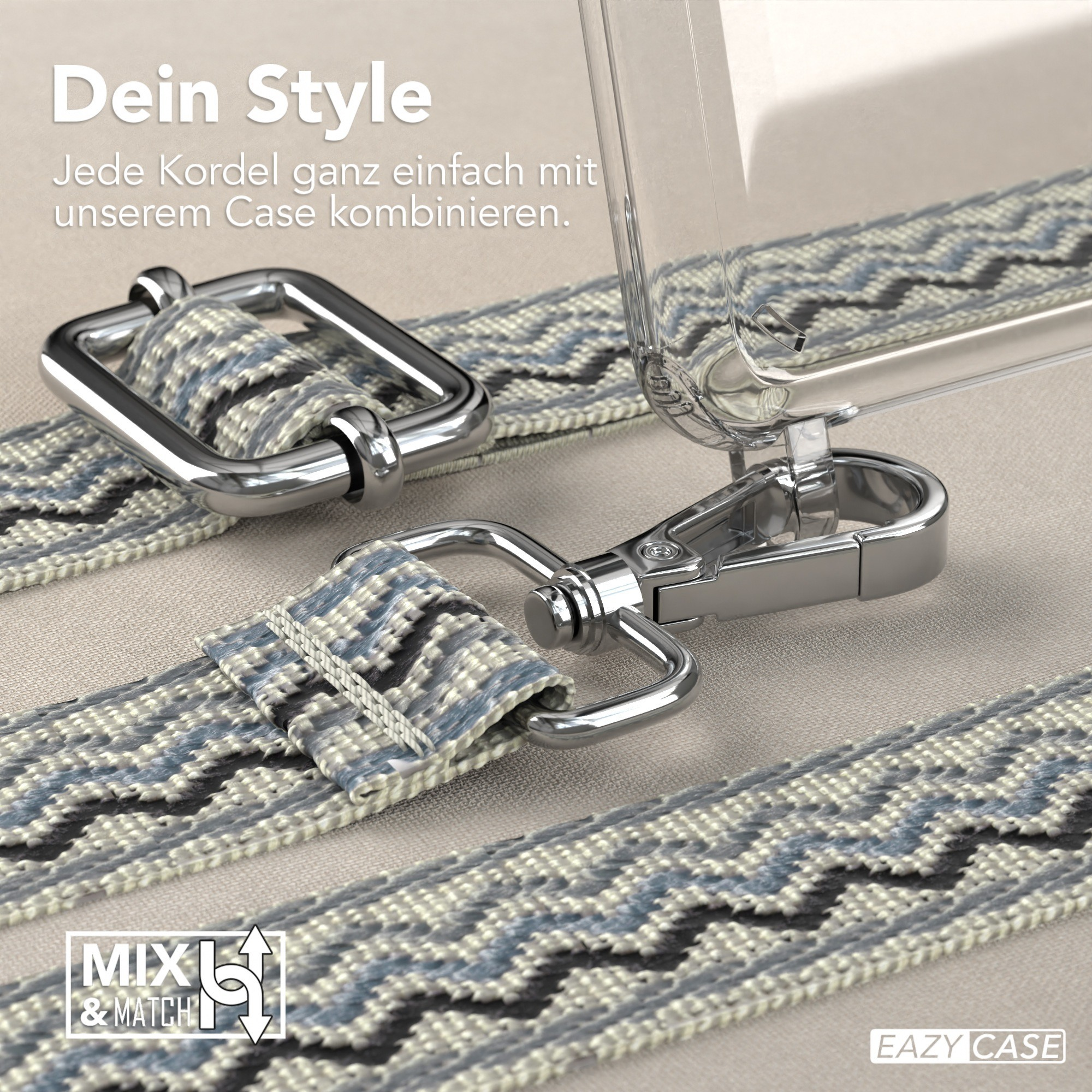 Nahaufnahme eines Telefonriemens mit Metallverschlüssen. Der Riemen hat ein gemustertes Design. Der Hintergrund ist eine beige Oberfläche.
