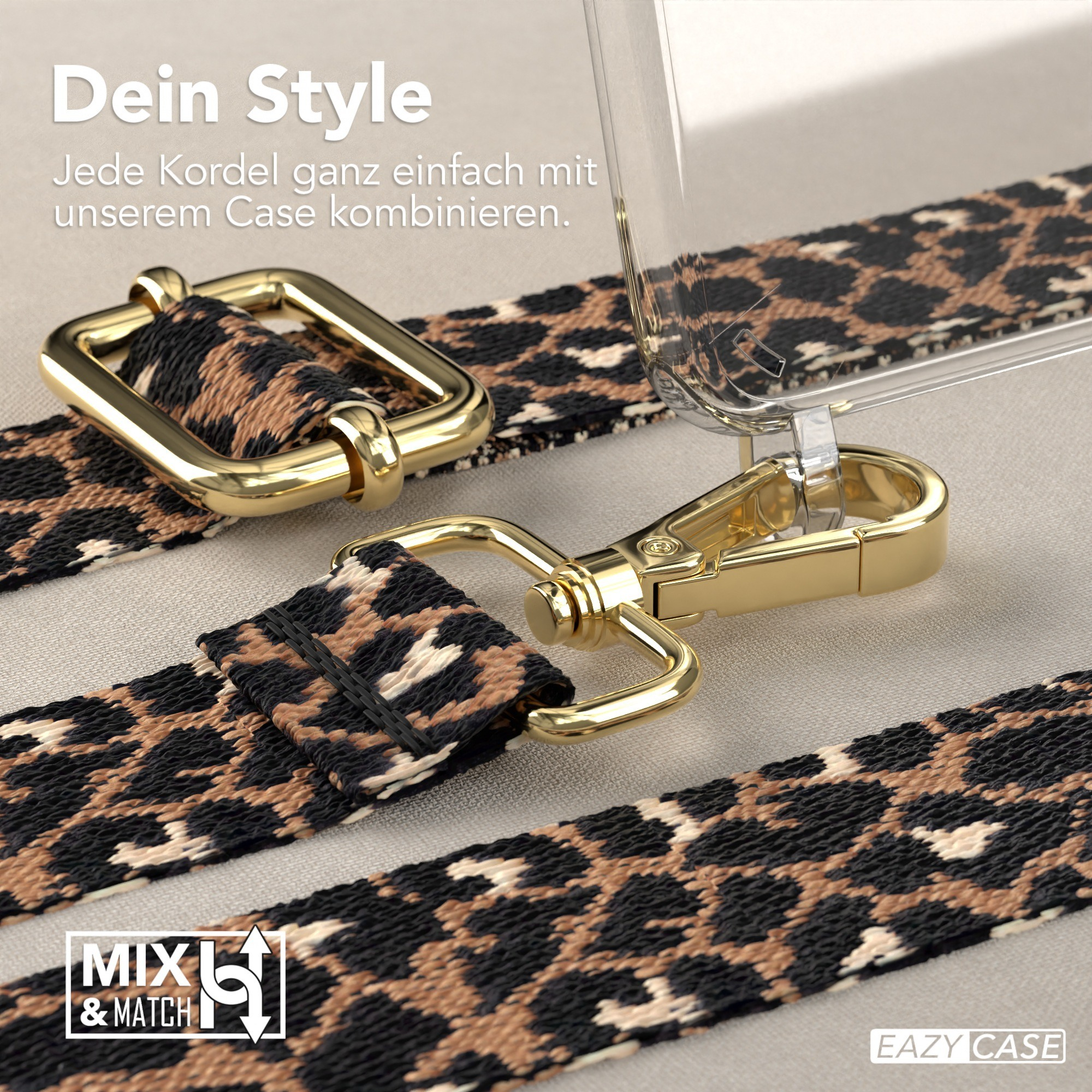 Eine Handyhülle mit Leopardenmuster-Riemen und goldener Hardware. Der Text lautet: „Dein Style“ und „Mix & Match“.