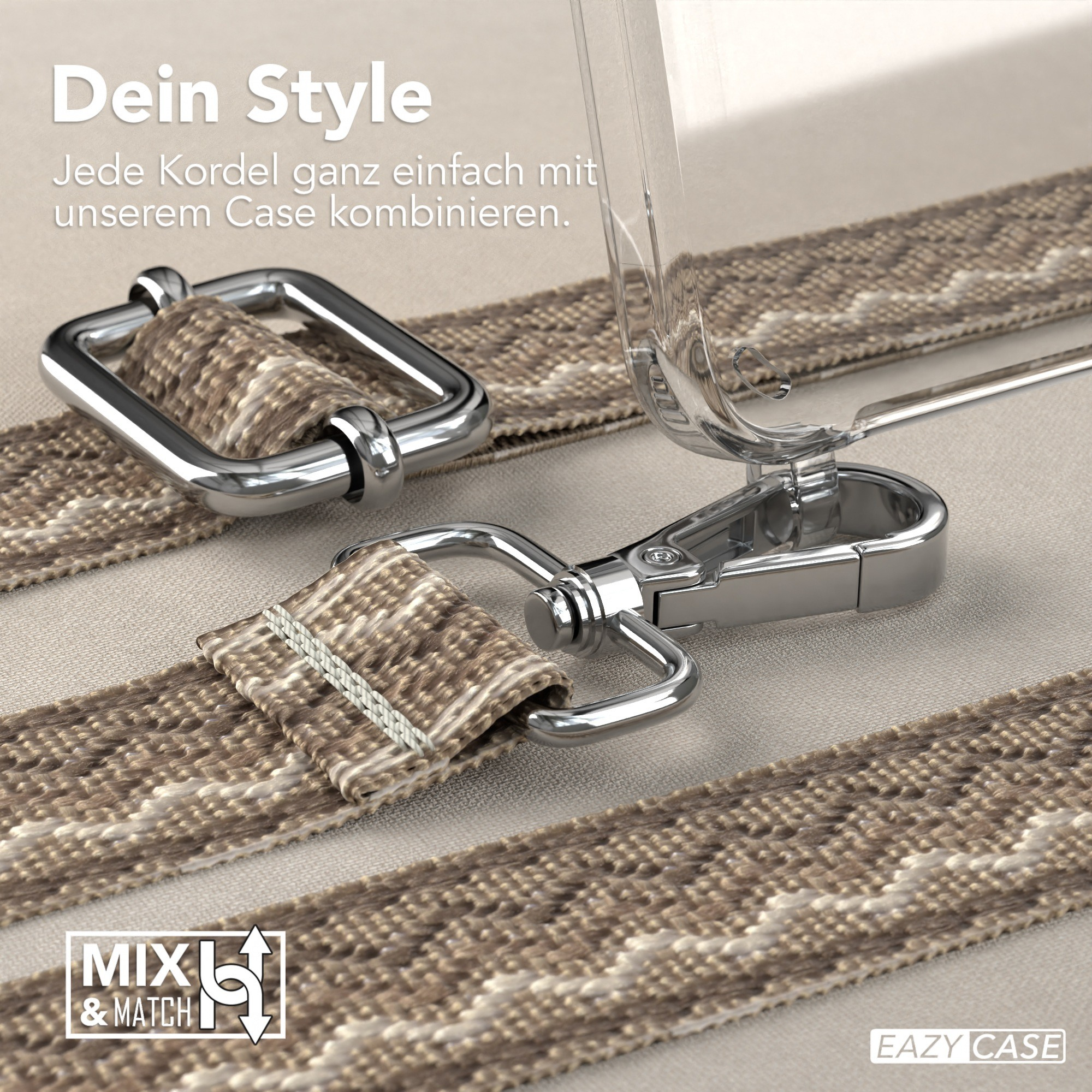 Beige und weiß gemustertes Handyband mit silbernem Verschluss und Haken und klarer Handyhülle.