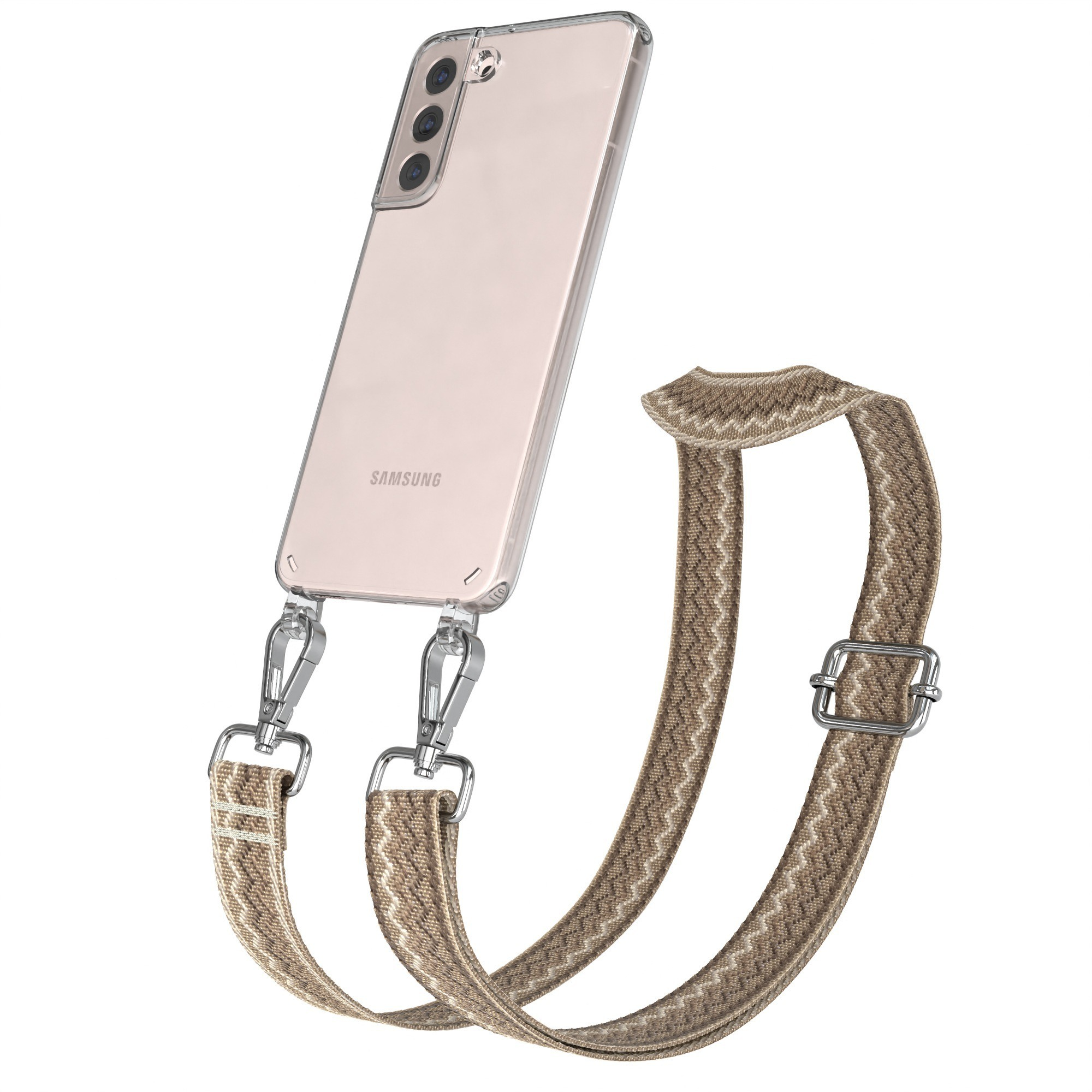 Eine Handyhülle mit Riemen, silbernen Clips und einem Telefon.