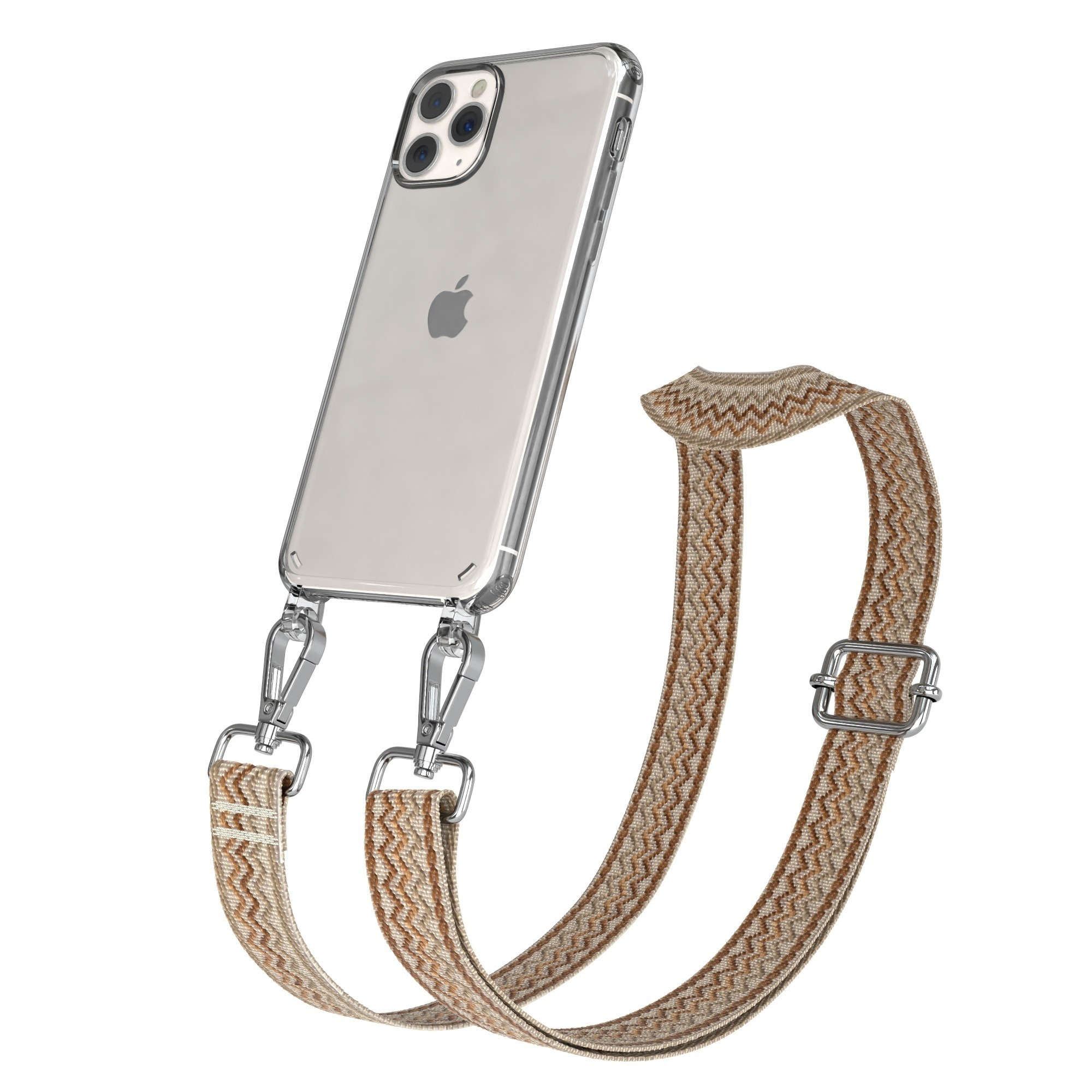 Ein Telefon in einer transparenten Hülle mit Zickzackmusterriemen.