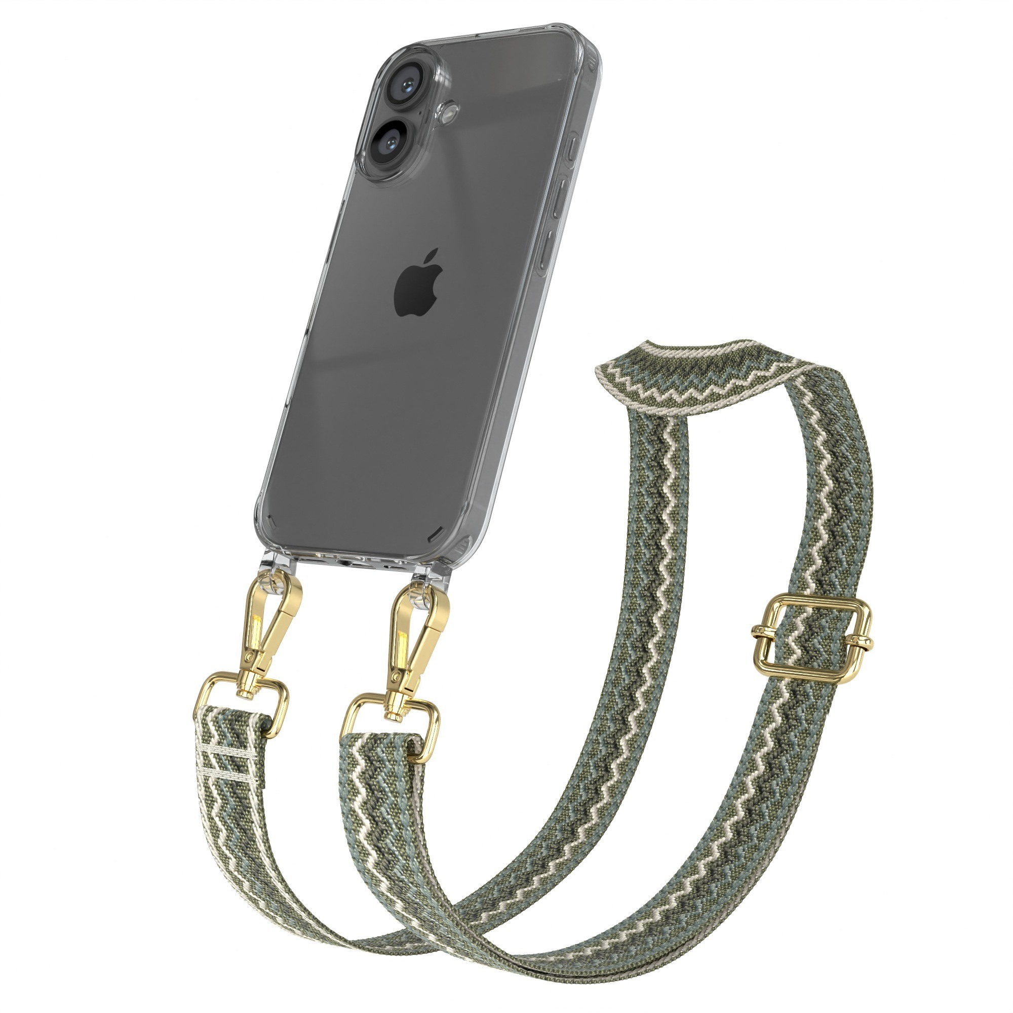 Transparente Handyhülle mit grün-weiß gemustertem Riemen. Der Riemen ist mit einer goldenen Schnalle verstellbar. Ein Telefon ist sichtbar.