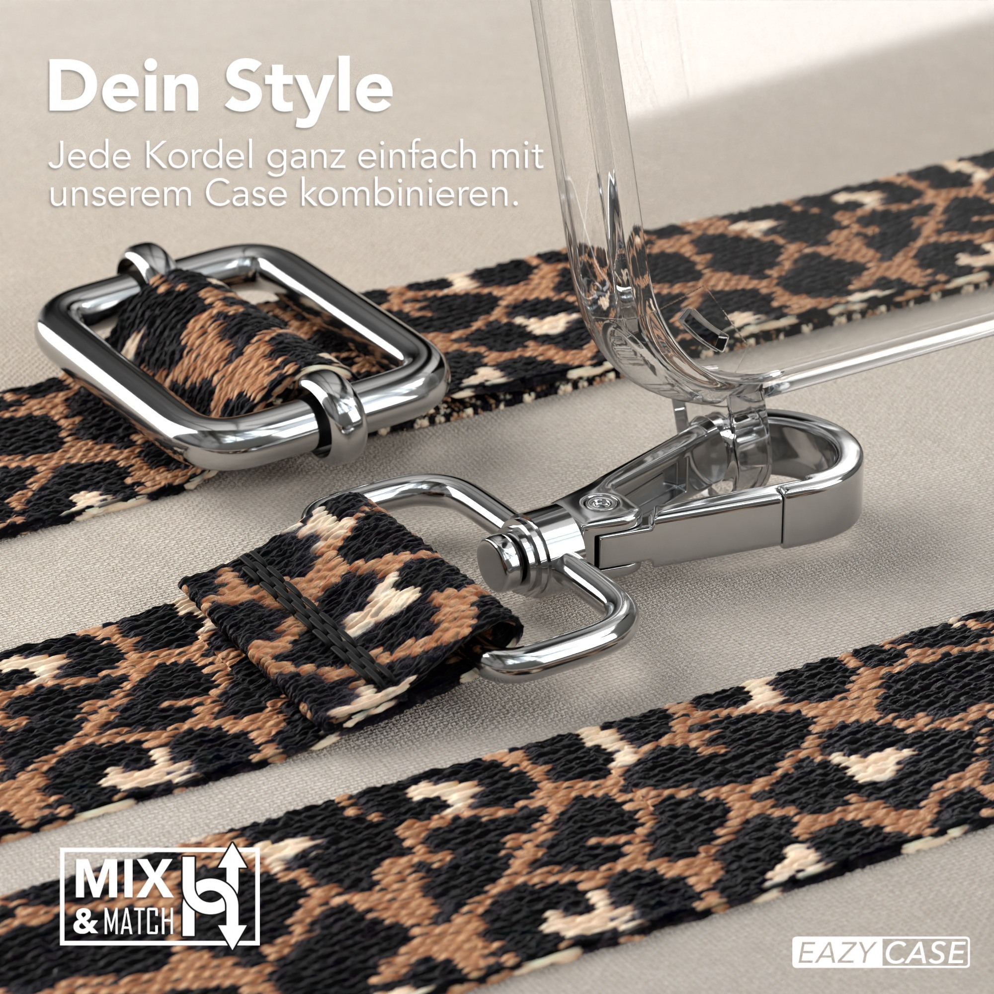 Handyband mit Leopardenmuster und silberner Hardware, transparente Handyhülle.