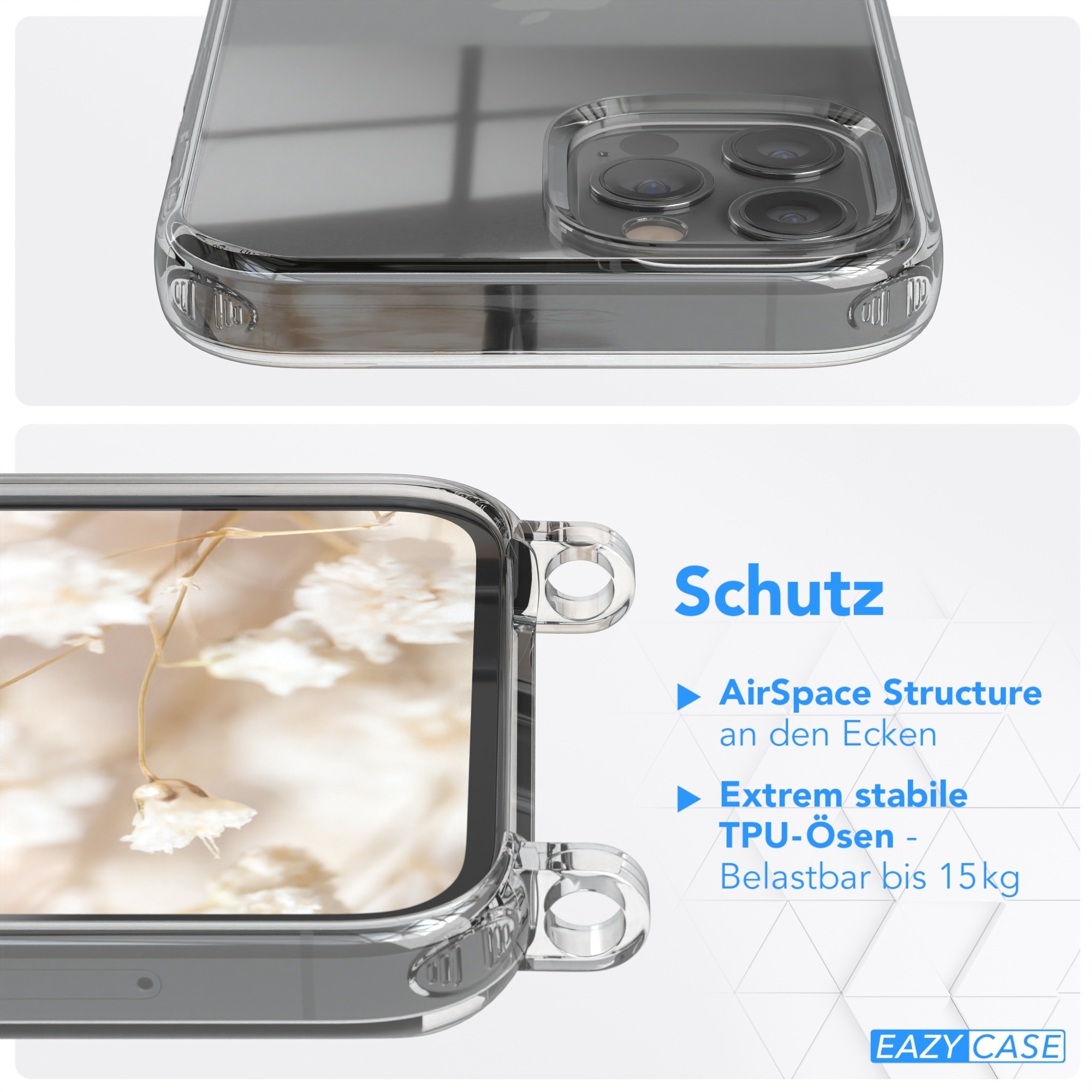 Transparente Handyhülle. Draufsicht und Seitenansicht mit Text: 'AirSpace Structure', 'TPU-Ösen' und 'EAZY CASE'.