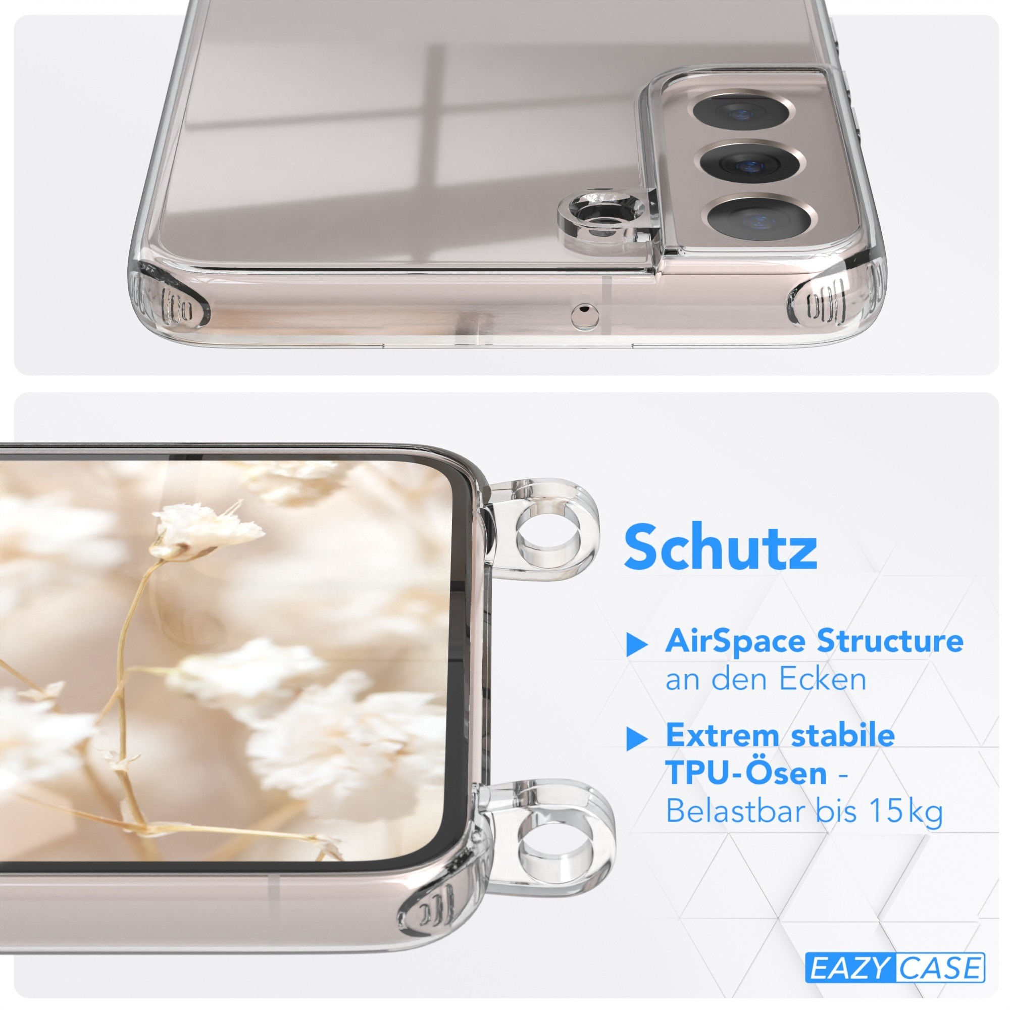 Transparente Handyhülle mit Telefon, zeigt Kamera und Knöpfe des Telefons.