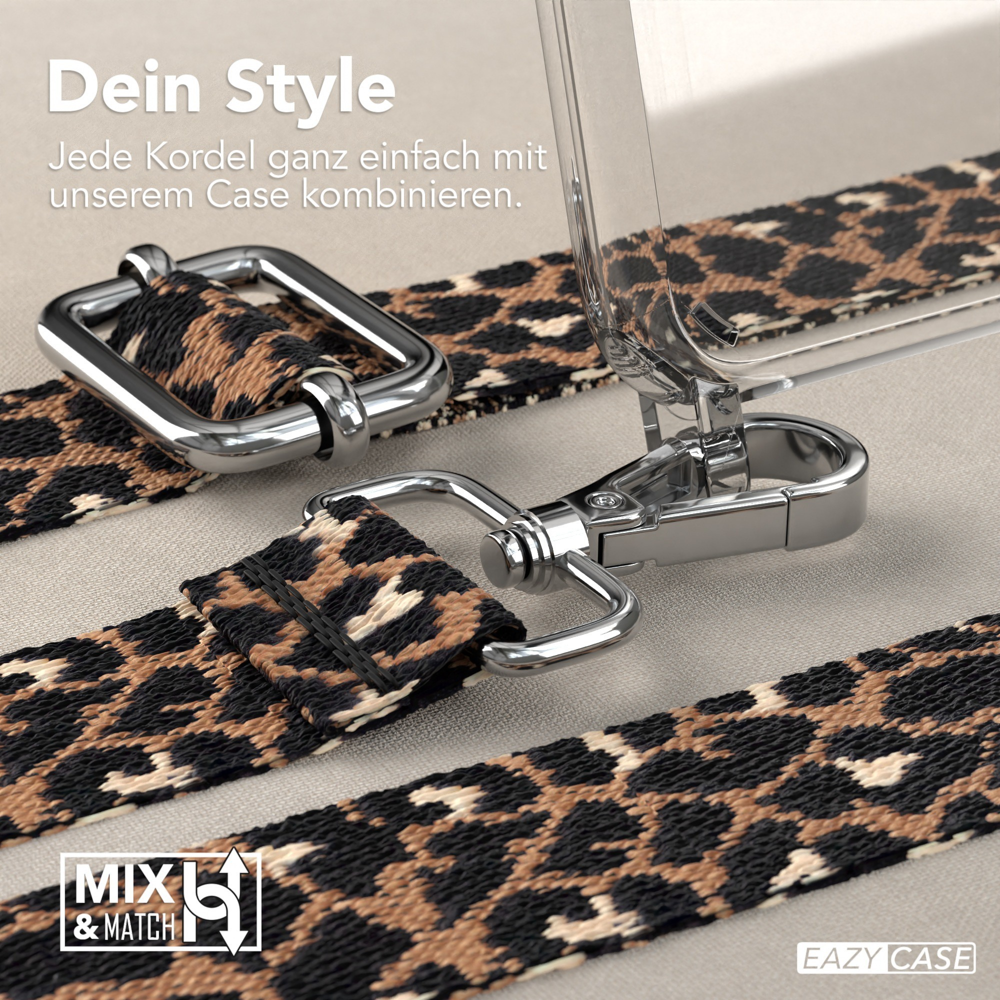 Nahaufnahme einer Handyhülle mit Leopardenmuster-Trageriemen. Silberne Verschlüsse verbinden Hülle und Riemen.