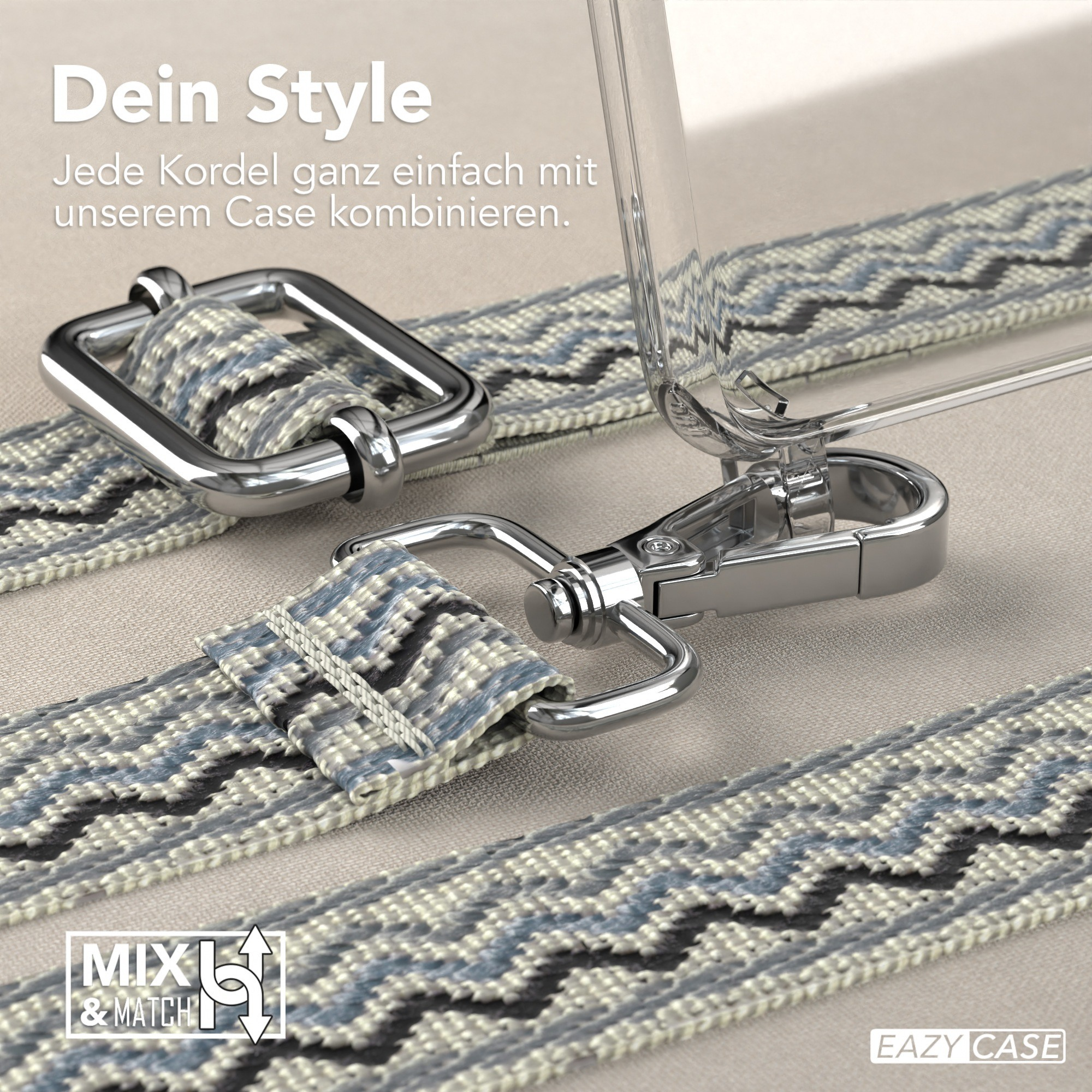 Handyhülle mit blau-grauem Träger und silbernen Verschlüssen. Das Trägerdesign ist detailliert.