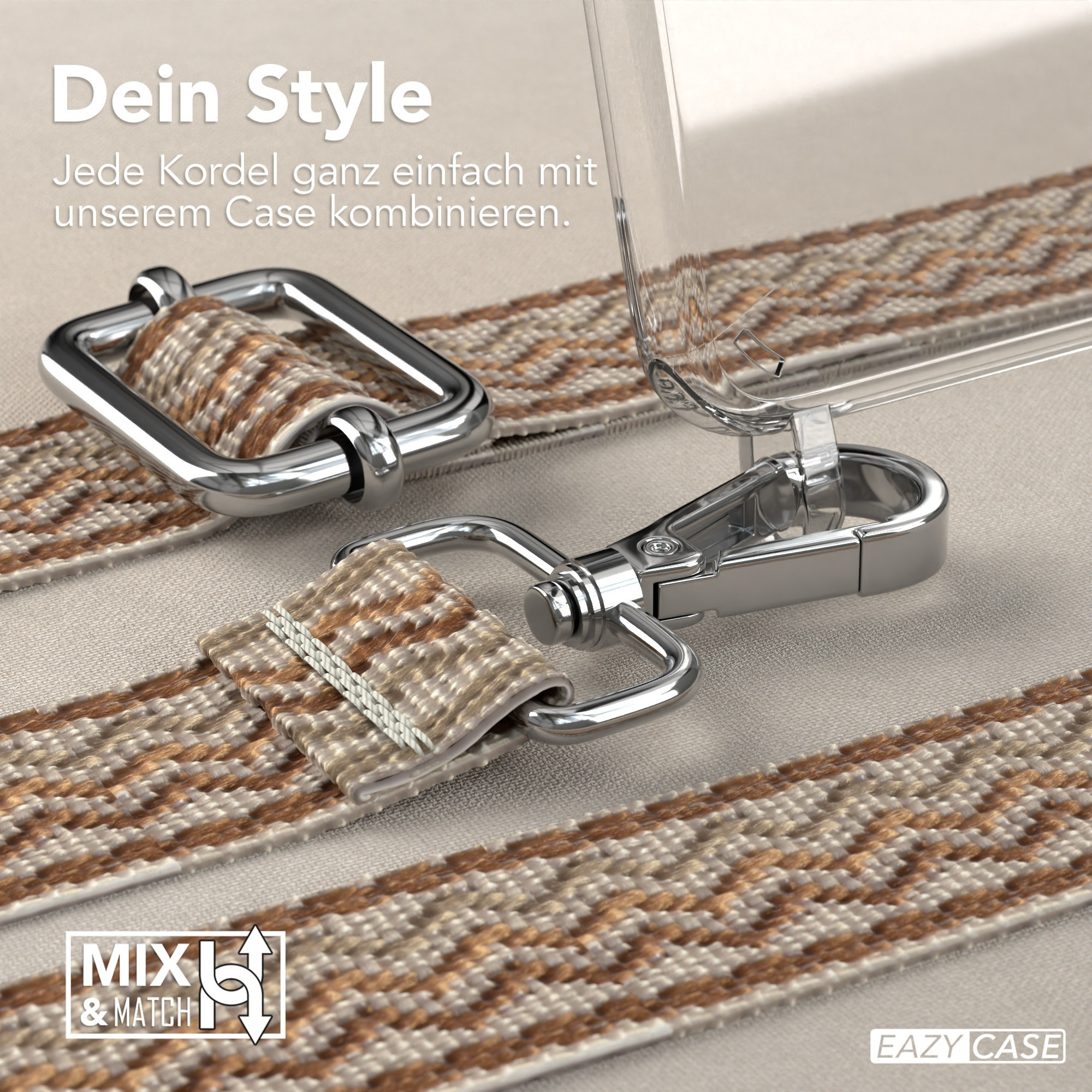 Handyhülle mit Schlüsselband und Gurt. Silberne Haken und Text: Mix & Match.