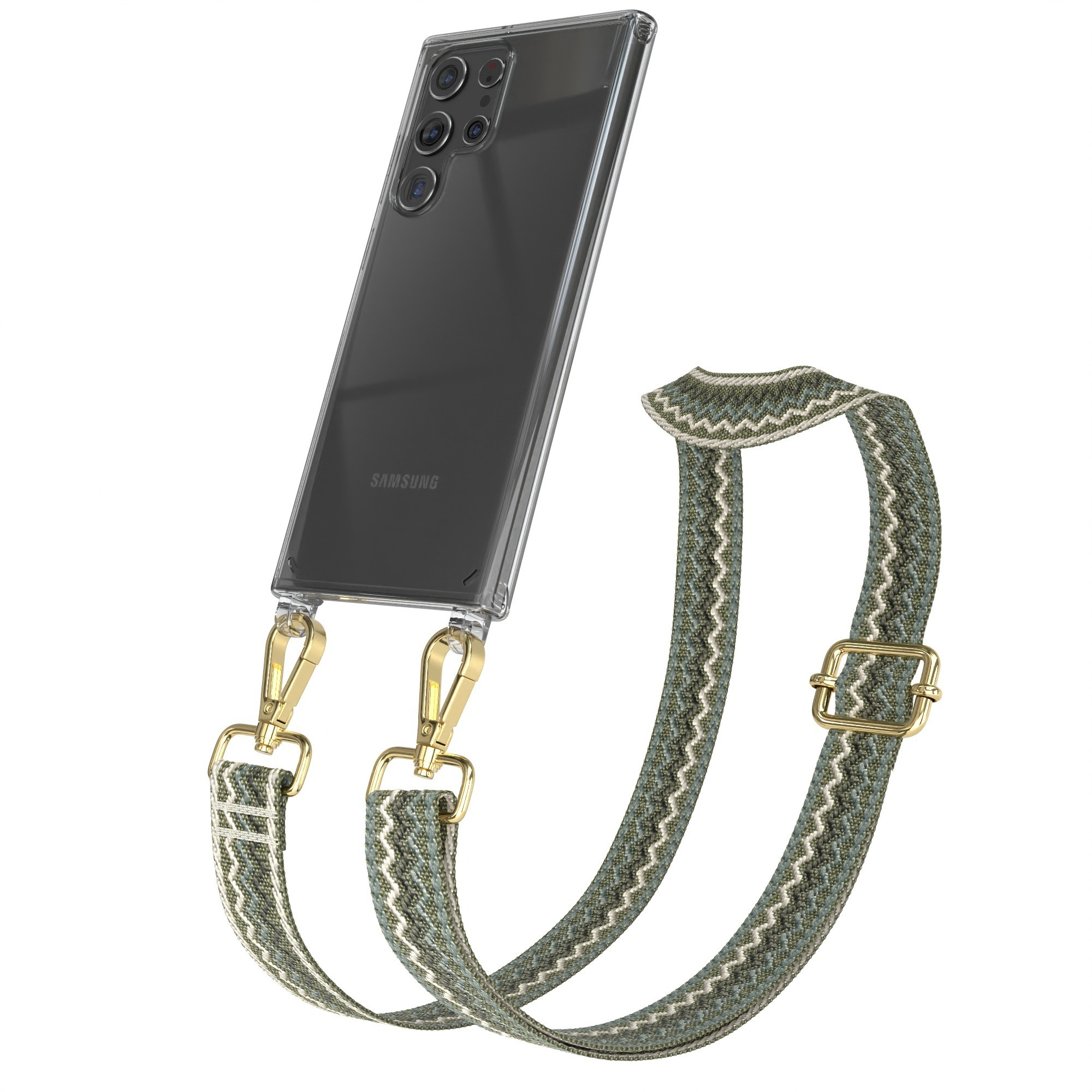 Eine transparente Handyhülle mit einem schwarzen Telefon und einem khaki-grünen und weißen gestreiften Riemen mit goldenem Verschluss.