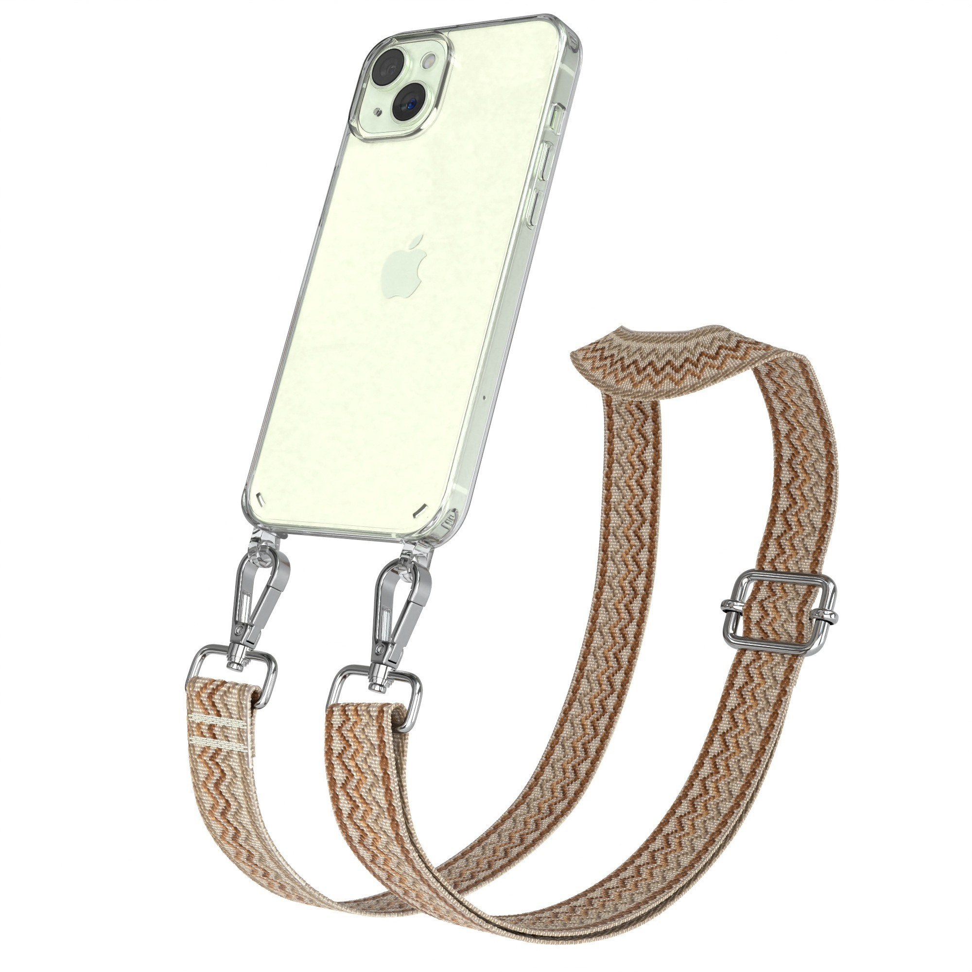 Transparente Handyhülle mit braunem Träger. Das Telefon ist hellgrün.