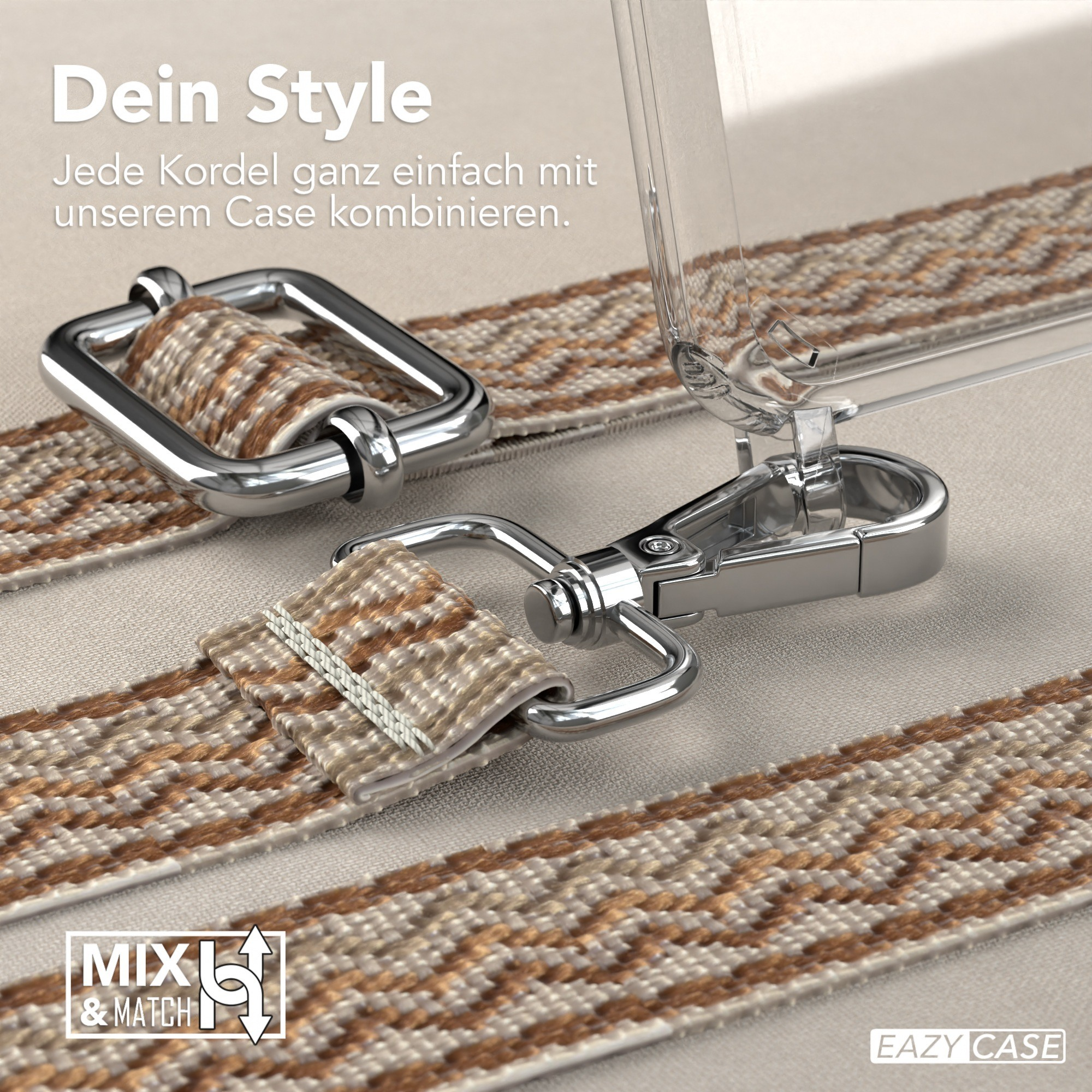 Nahaufnahme des Telefonbandes mit silbernem Verschluss und gemustertem braunen Band.