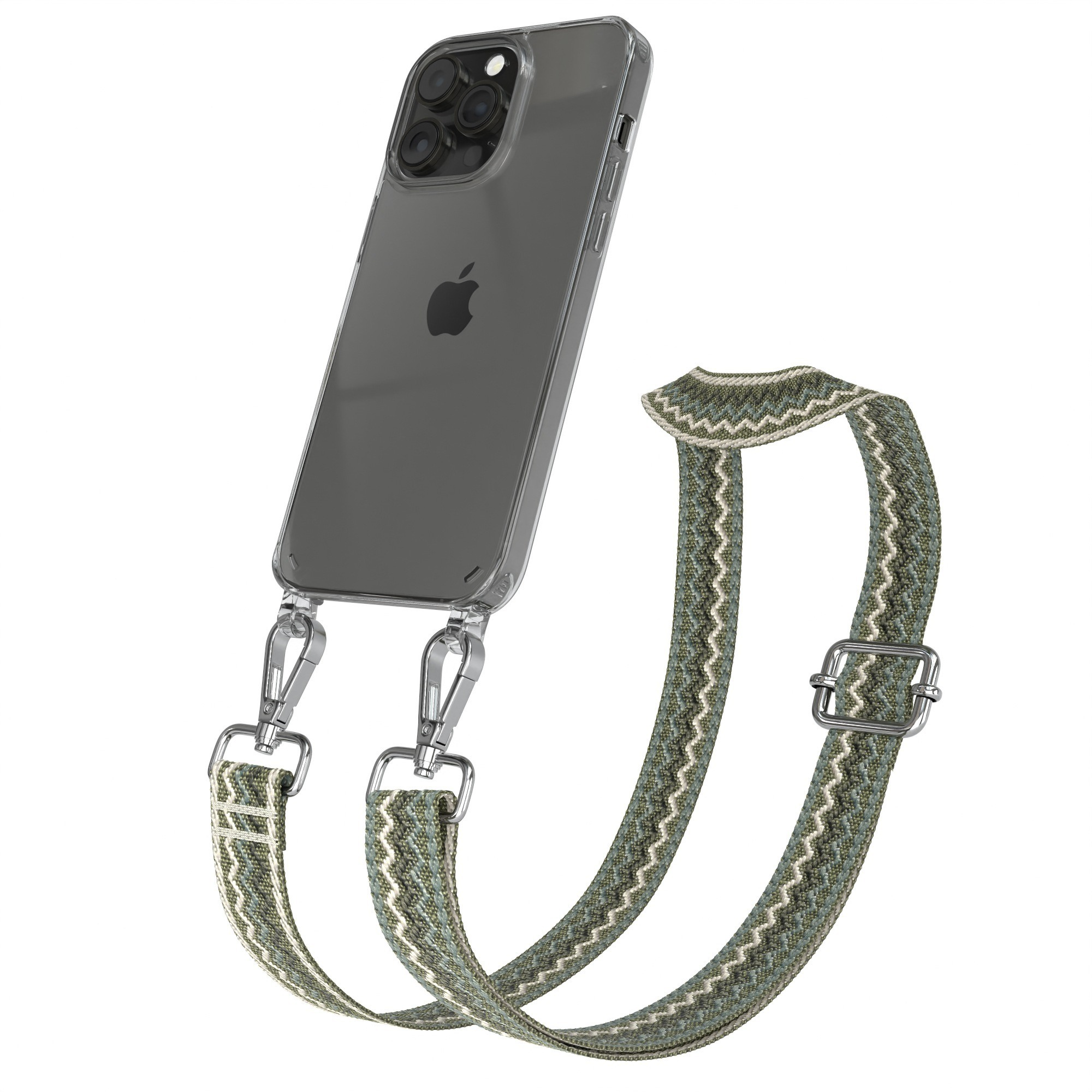 Telefon in transparenter Hülle mit grün-weißem Zickzack-Gurt. Mit goldenen Haken und Schnalle.
