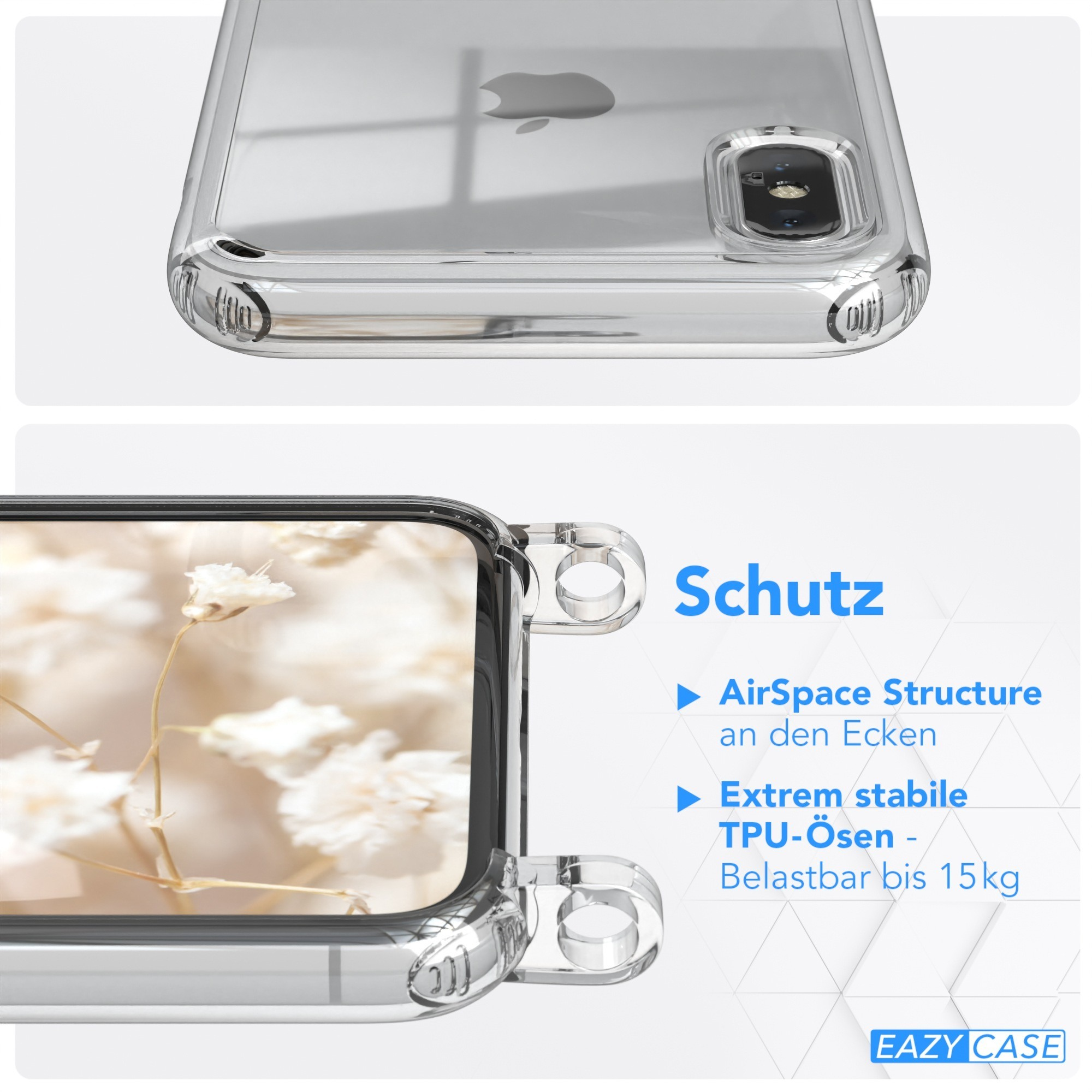 Nahaufnahme einer Handyhülle mit Eckenschutz. Die Hülle ist transparent. Weißer Hintergrund.