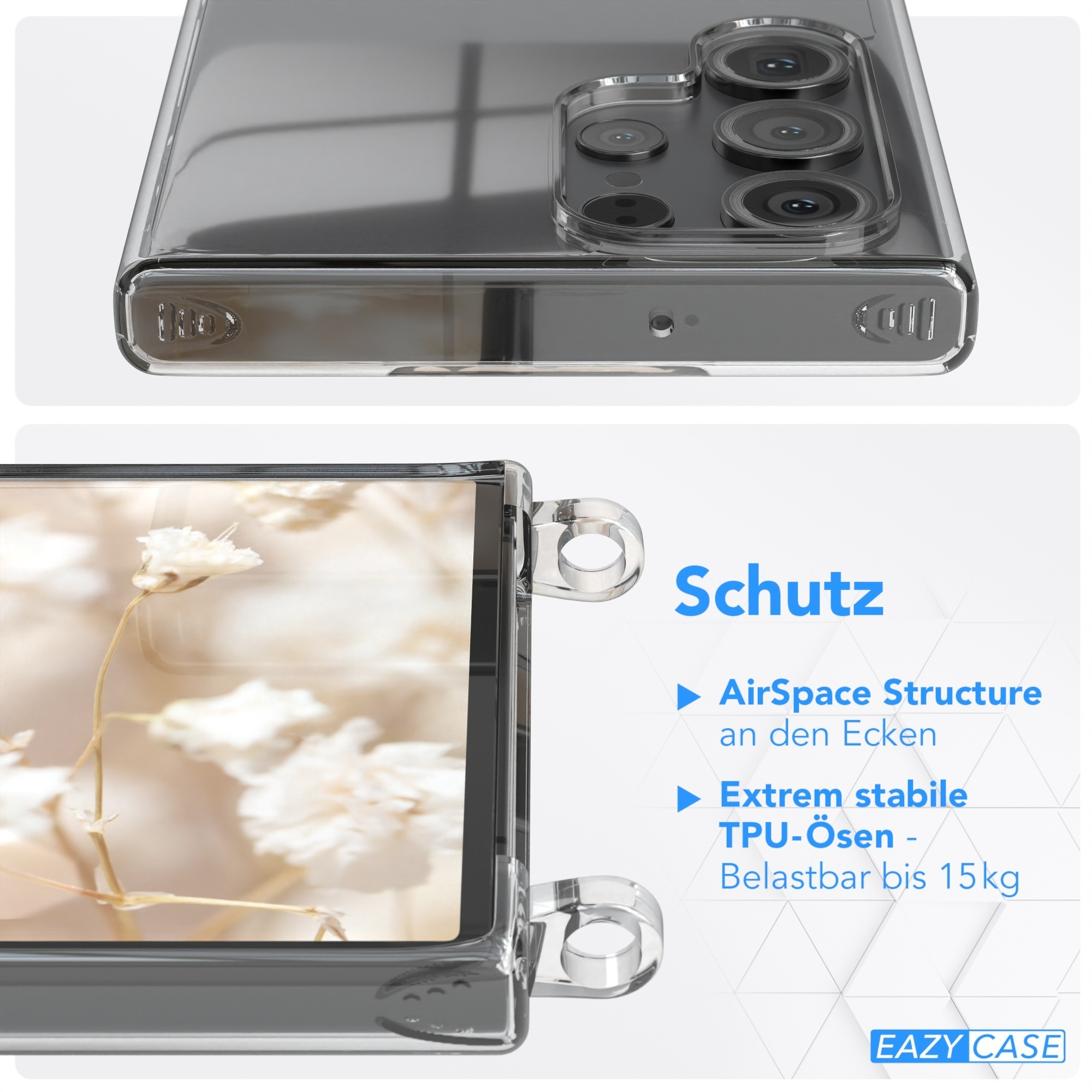 Nahaufnahme einer transparenten Handyhülle. Text: Schutz, AirSpace Structure, Extrem stabile TPU-Ösen, Belastbar bis 15 kg.