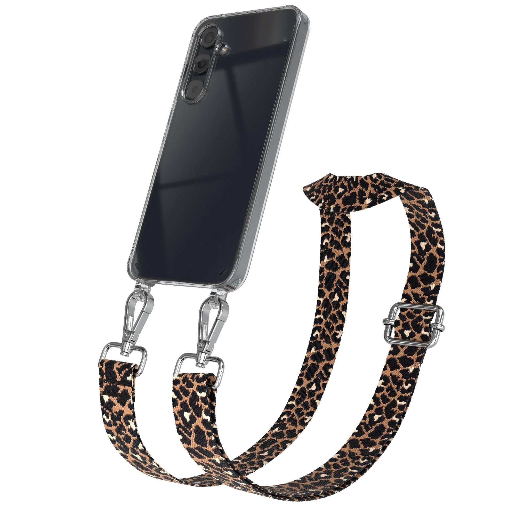 Transparente Handyhülle mit Leopardenmusterband, silbernen Clips und Schnalle auf weißem Hintergrund.