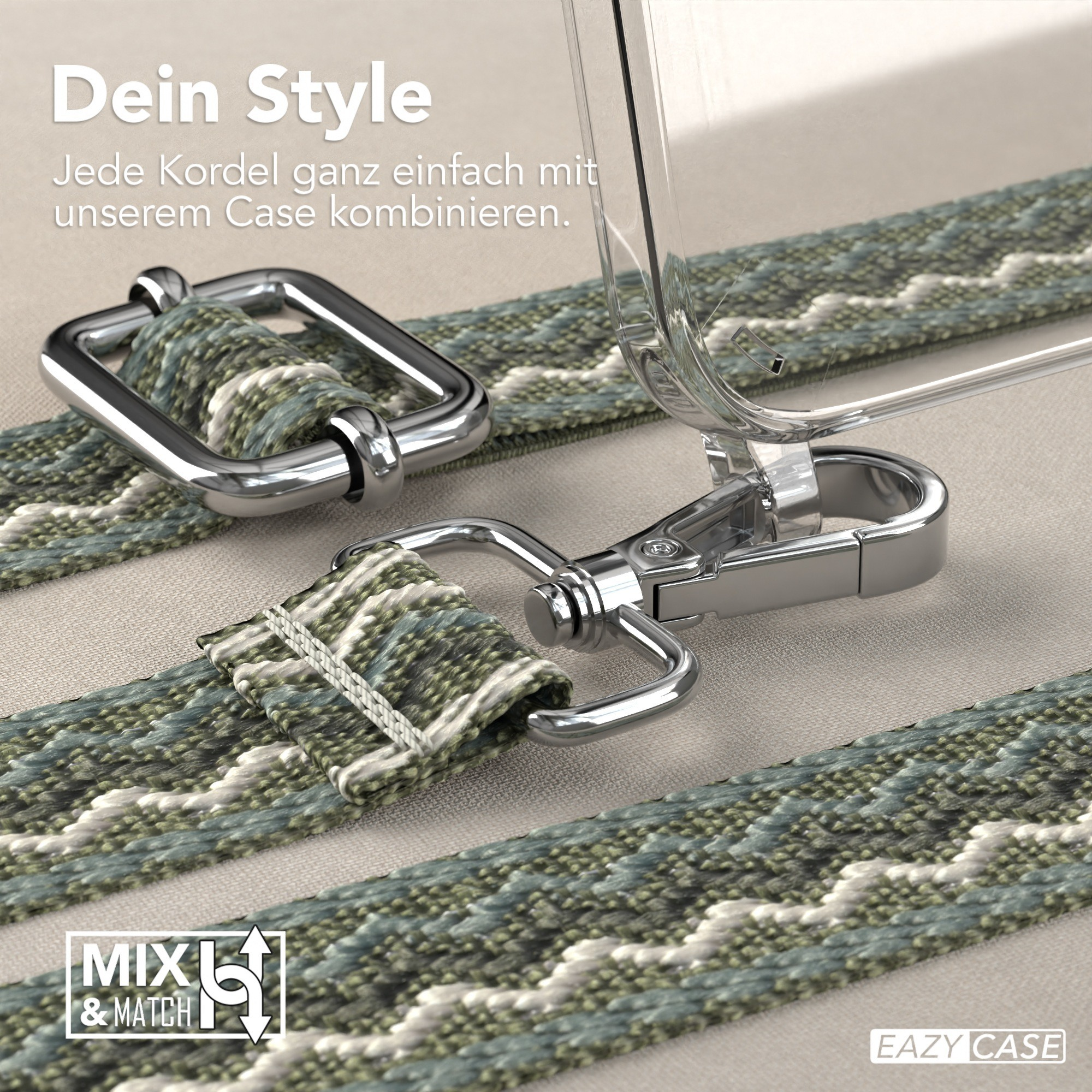 Nahaufnahme eines grün-weiß gewebten Handybandes und einem silbernen Verschluss. Gehäuse mit Telefon wird gezeigt.