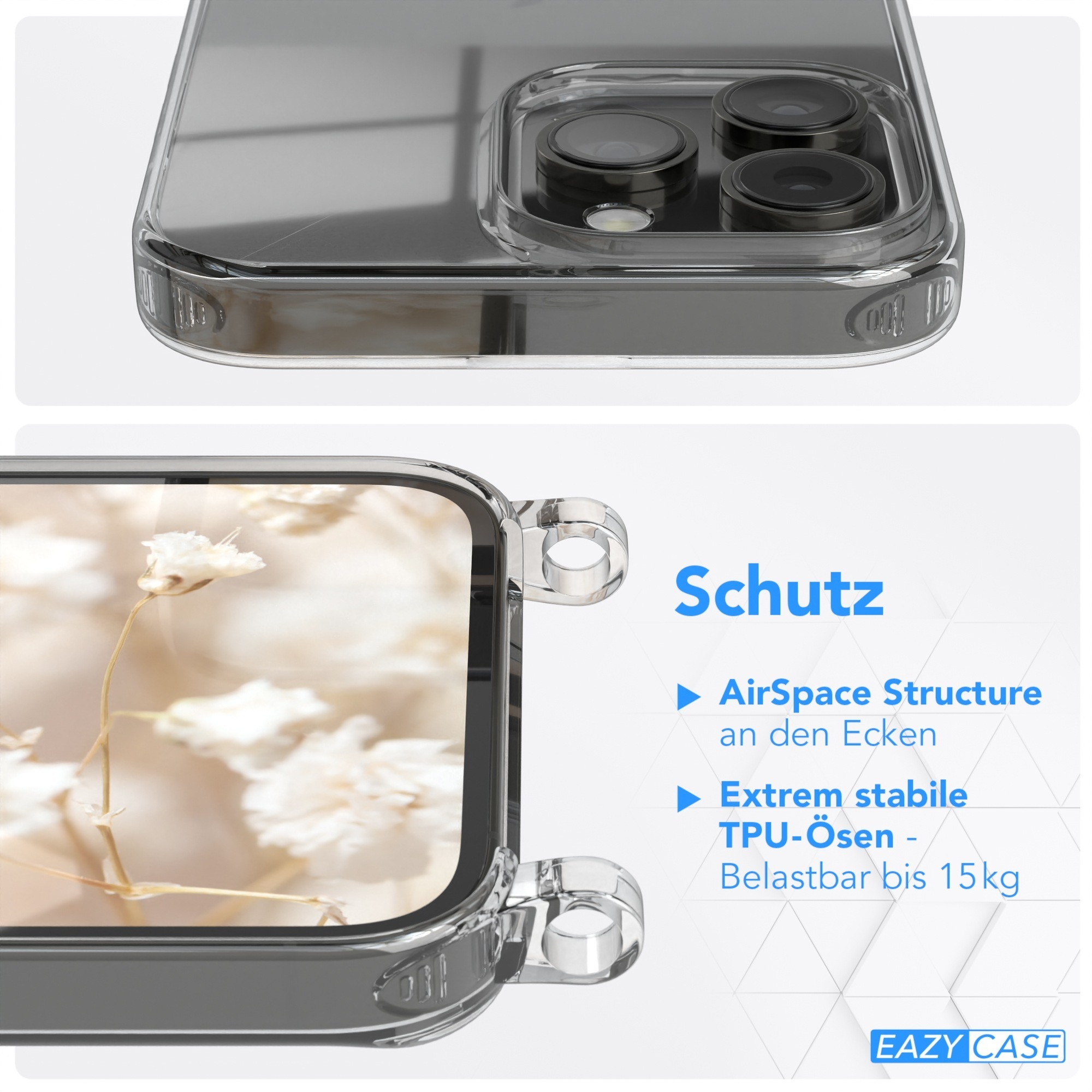 Transparente Handyhülle mit floralem Hintergrund, mit Schutzelementen. Text auf der Hülle.