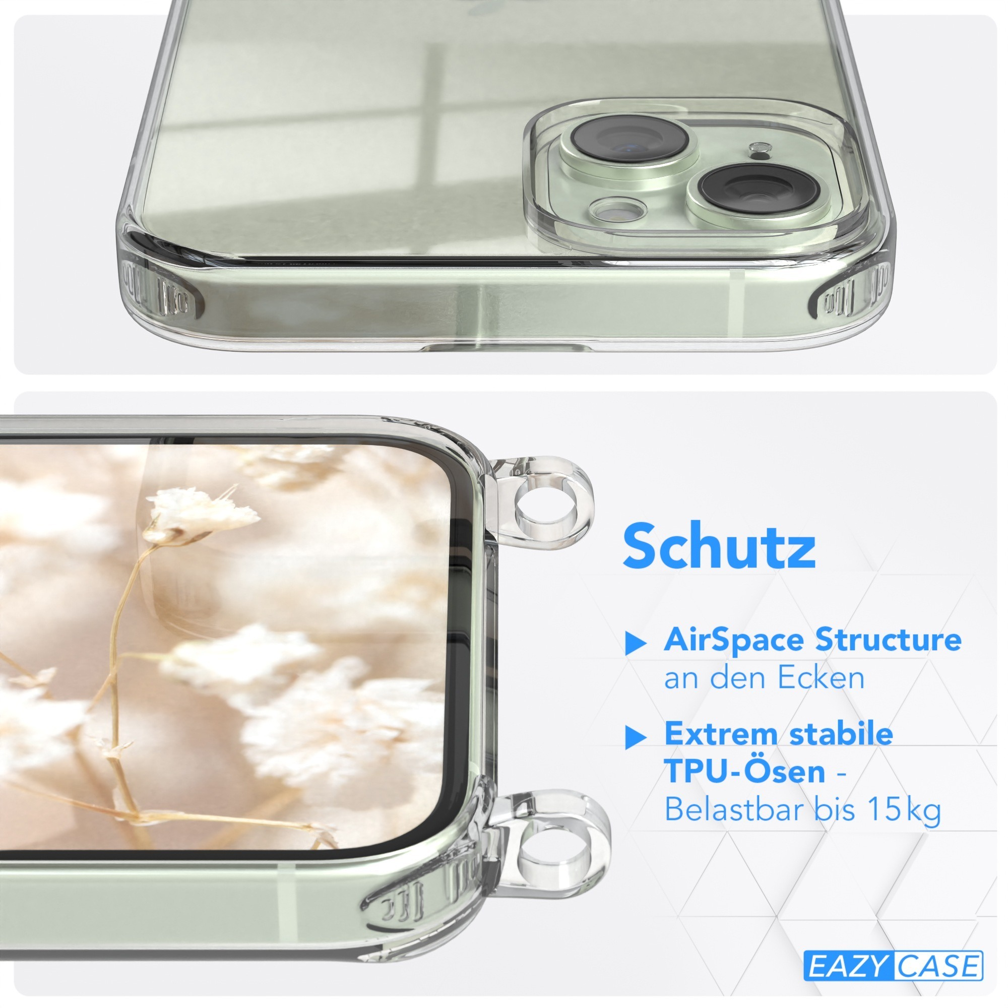 Nahaufnahme der Handyhülle mit Schutzfunktionen. Enthält AirSpace Structure und TPU-Ösen.