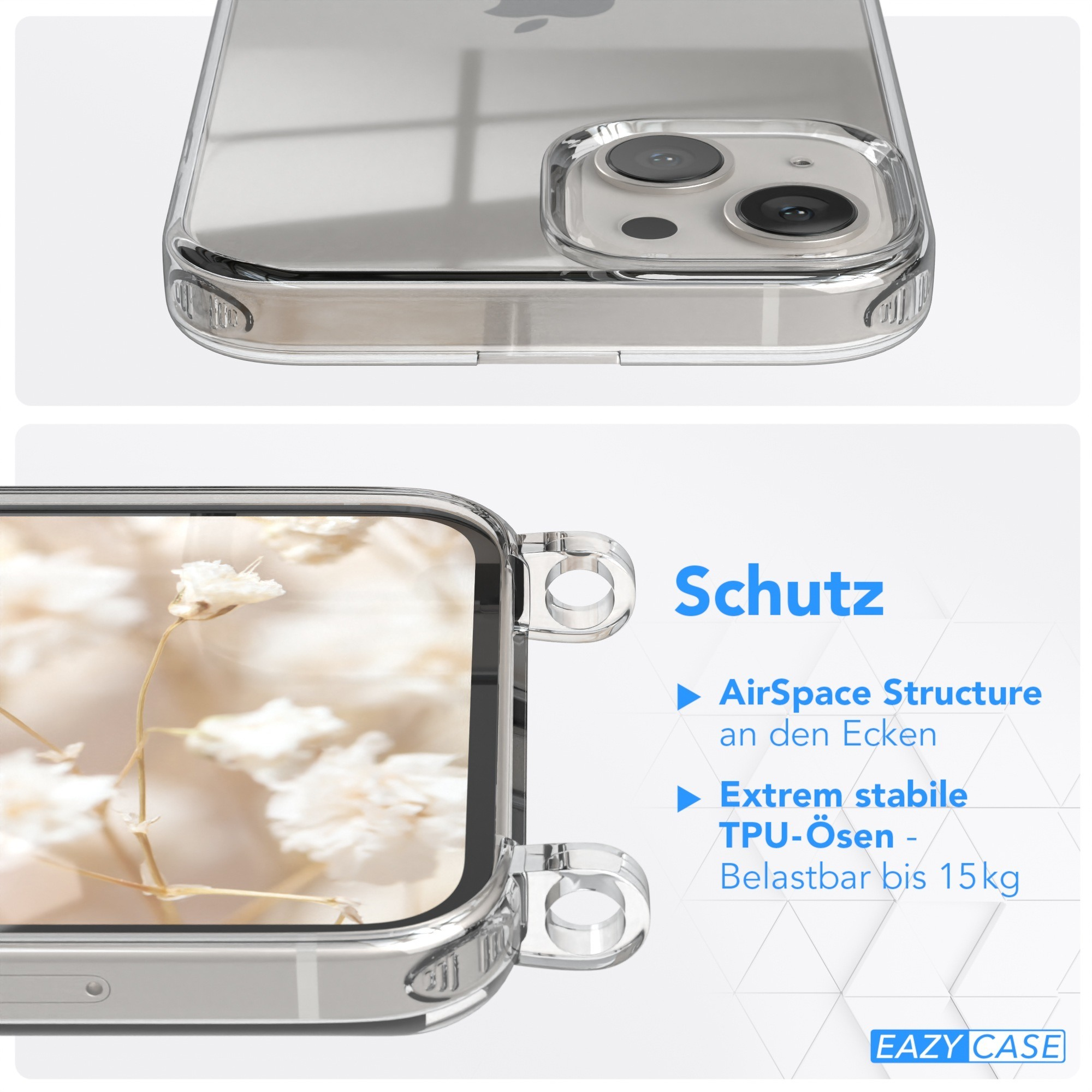 Nahaufnahme einer durchsichtigen Handyhülle. Die Hülle zeigt das Telefon im Inneren und hat eine transparente Struktur.