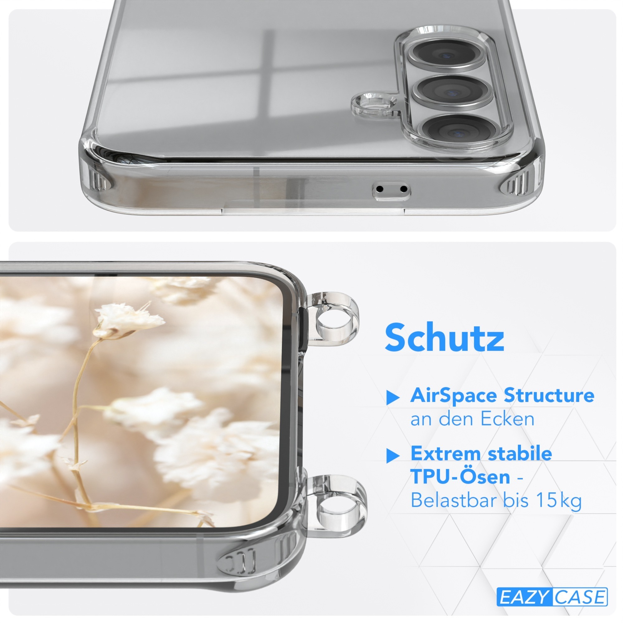 Eine transparente Handyhülle auf einem Telefon, das den Bildschirm mit verschwommenem floralem Hintergrund zeigt.