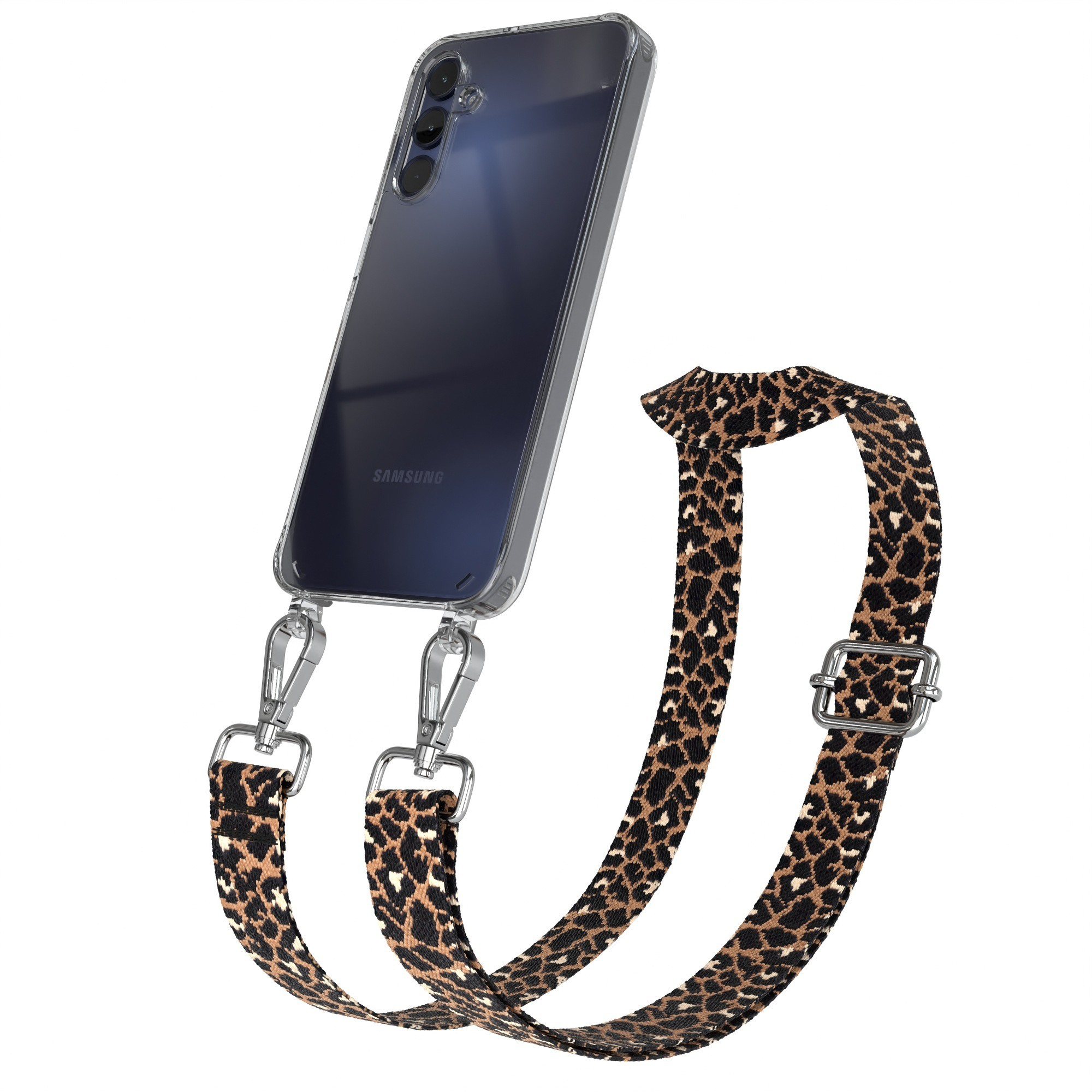 Telefon mit Leopardenmuster-Armband. Armband ist an der Handyhülle befestigt, hat Metallschnalle.