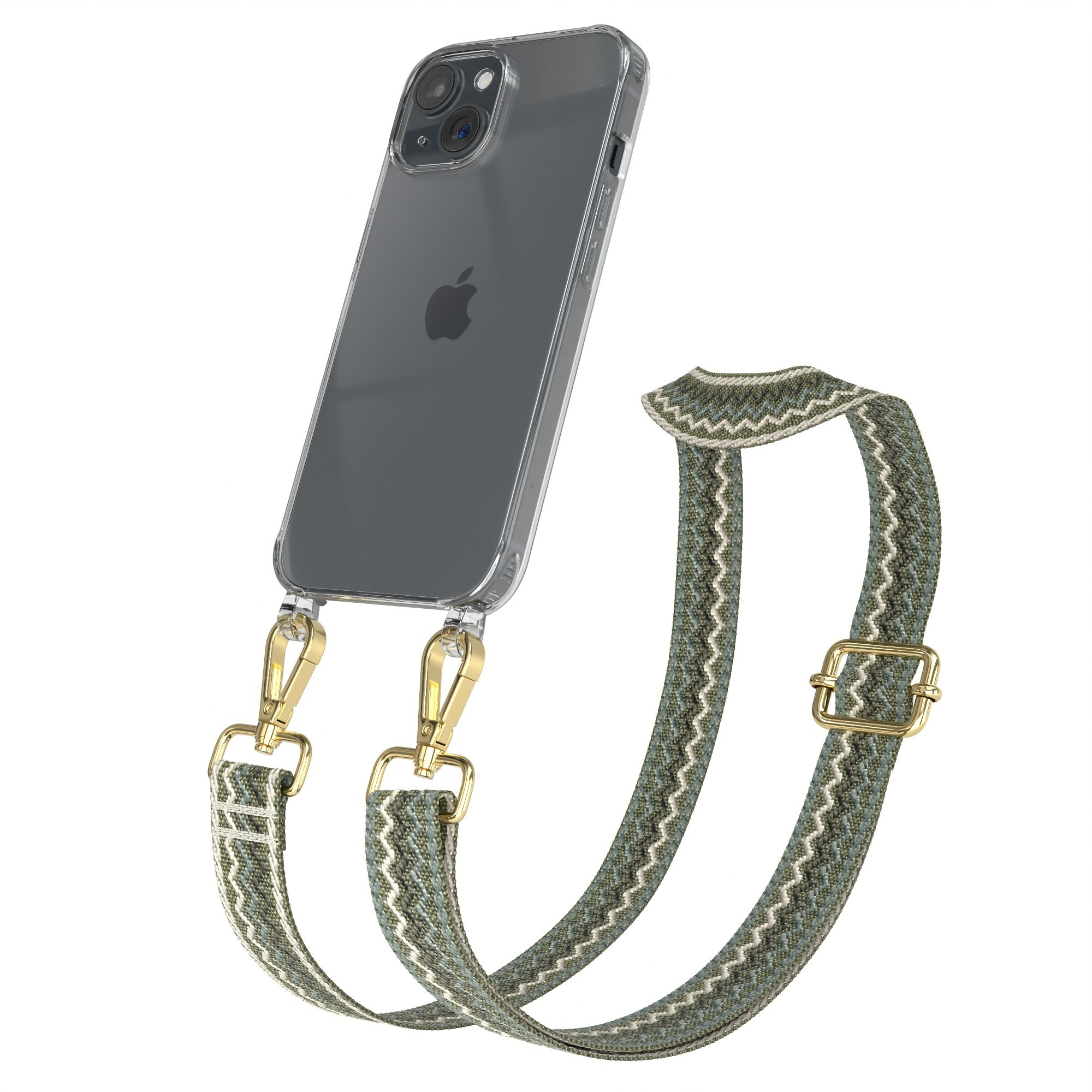 Telefon in klarer Hülle mit grün-weißem Riemen und silberner Hardware, vor weißem Hintergrund.