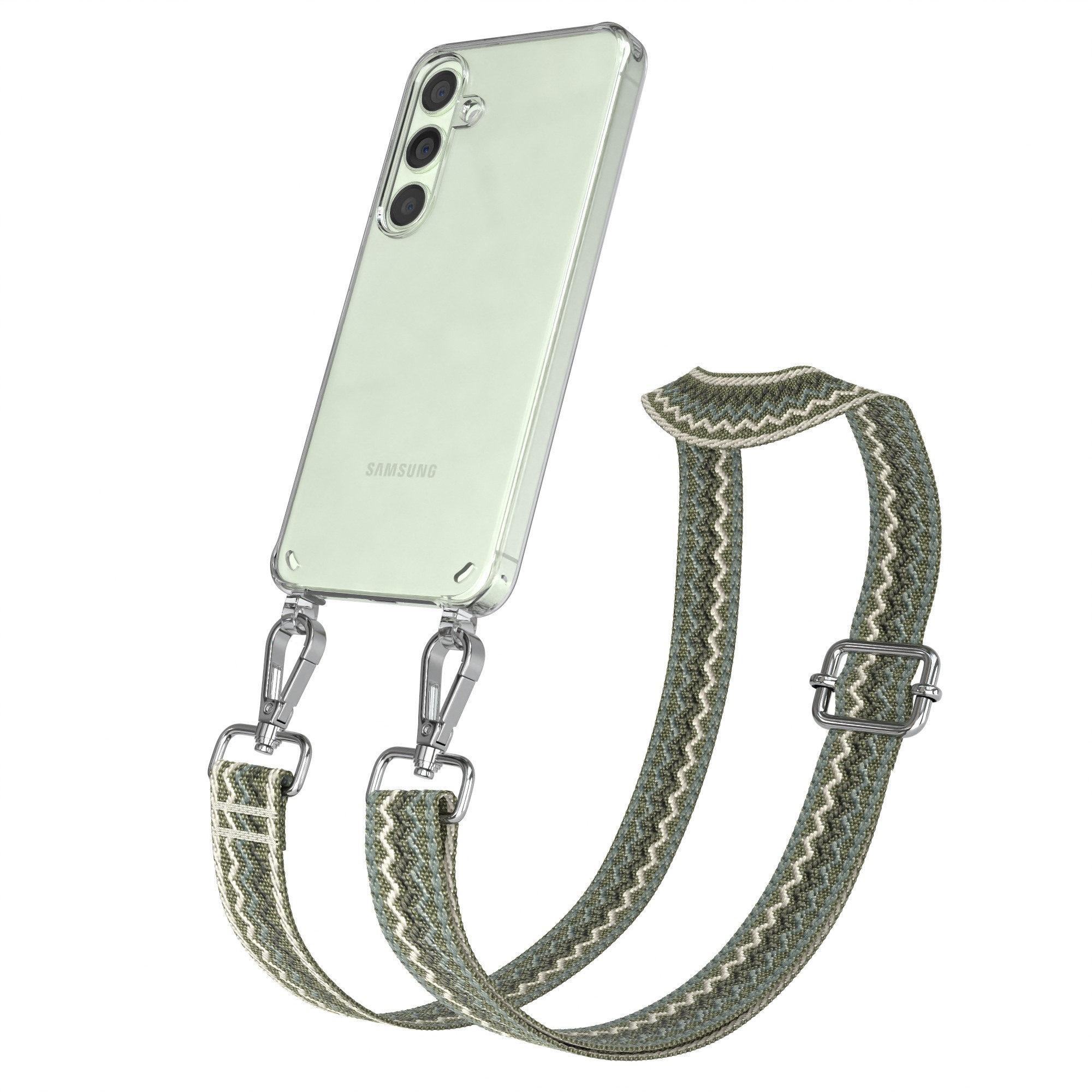 Transparente Handyhülle mit Telefon und einem Riemen mit Webmuster und silbernen Verschlüssen.