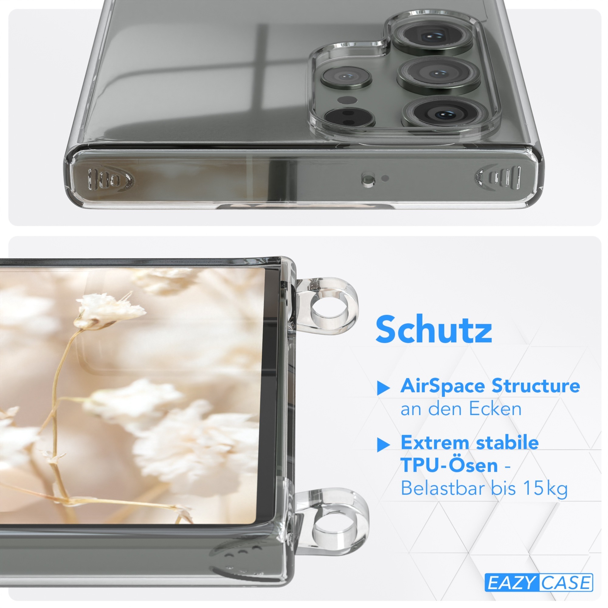 Nahaufnahme einer Handyhülle und eines Telefons. Text: Schutz, AirSpace Structure und TPU-Ösen.
