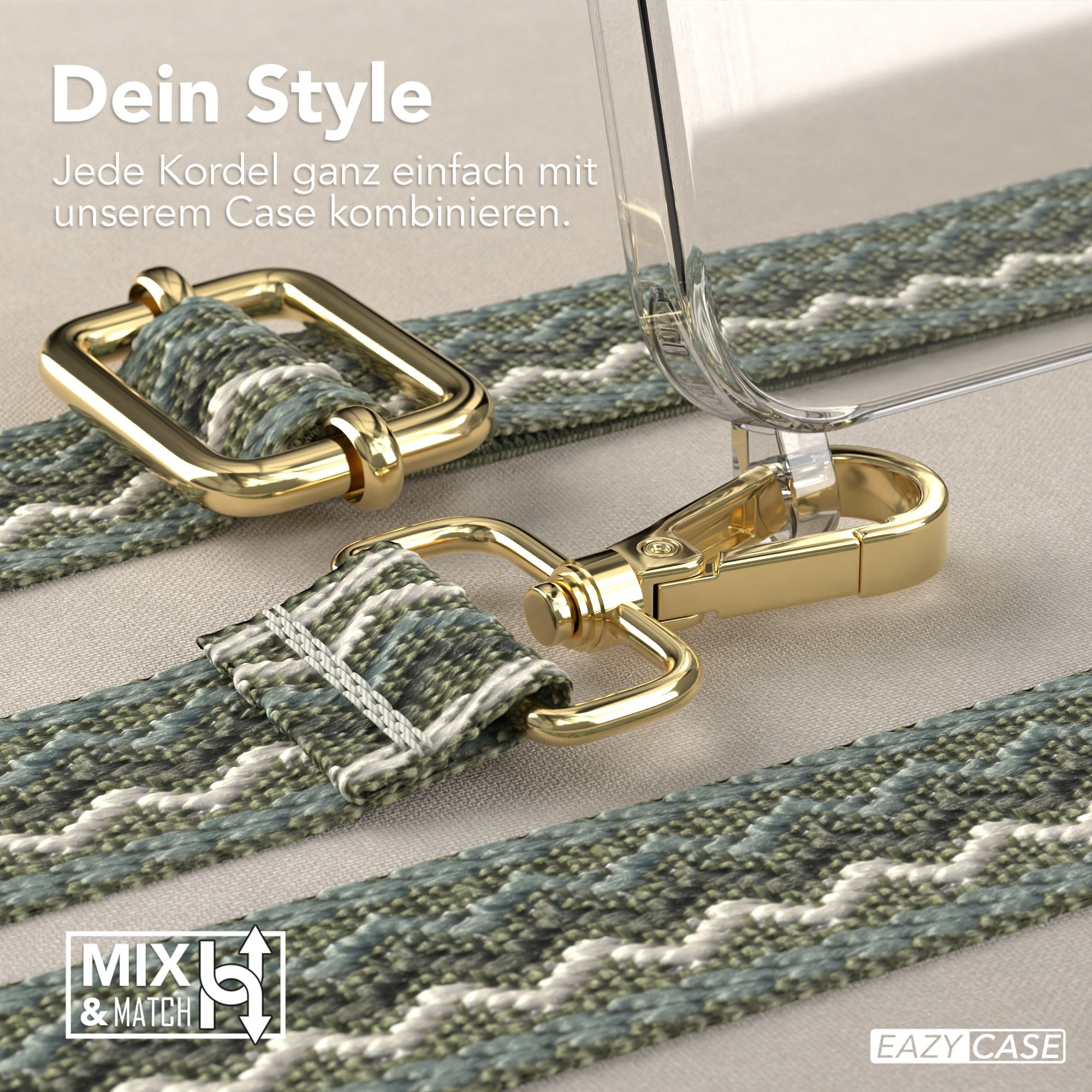 Nahaufnahme von Telefonriemen, Metallverschlüssen und einer transparenten Handyhülle. Grün-blau gemusterter Riemen.