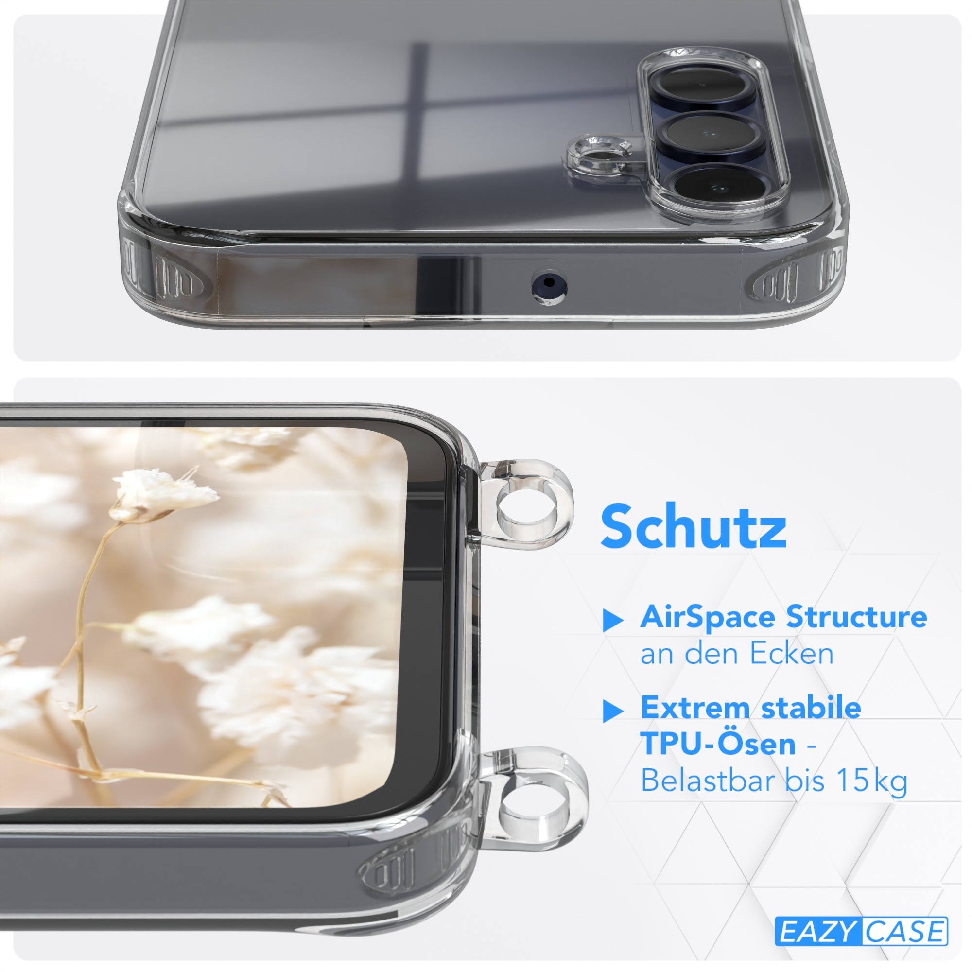 Nahaufnahme einer Handyhülle, AirSpace Structure und TPU-Ösen-Details sind sichtbar.