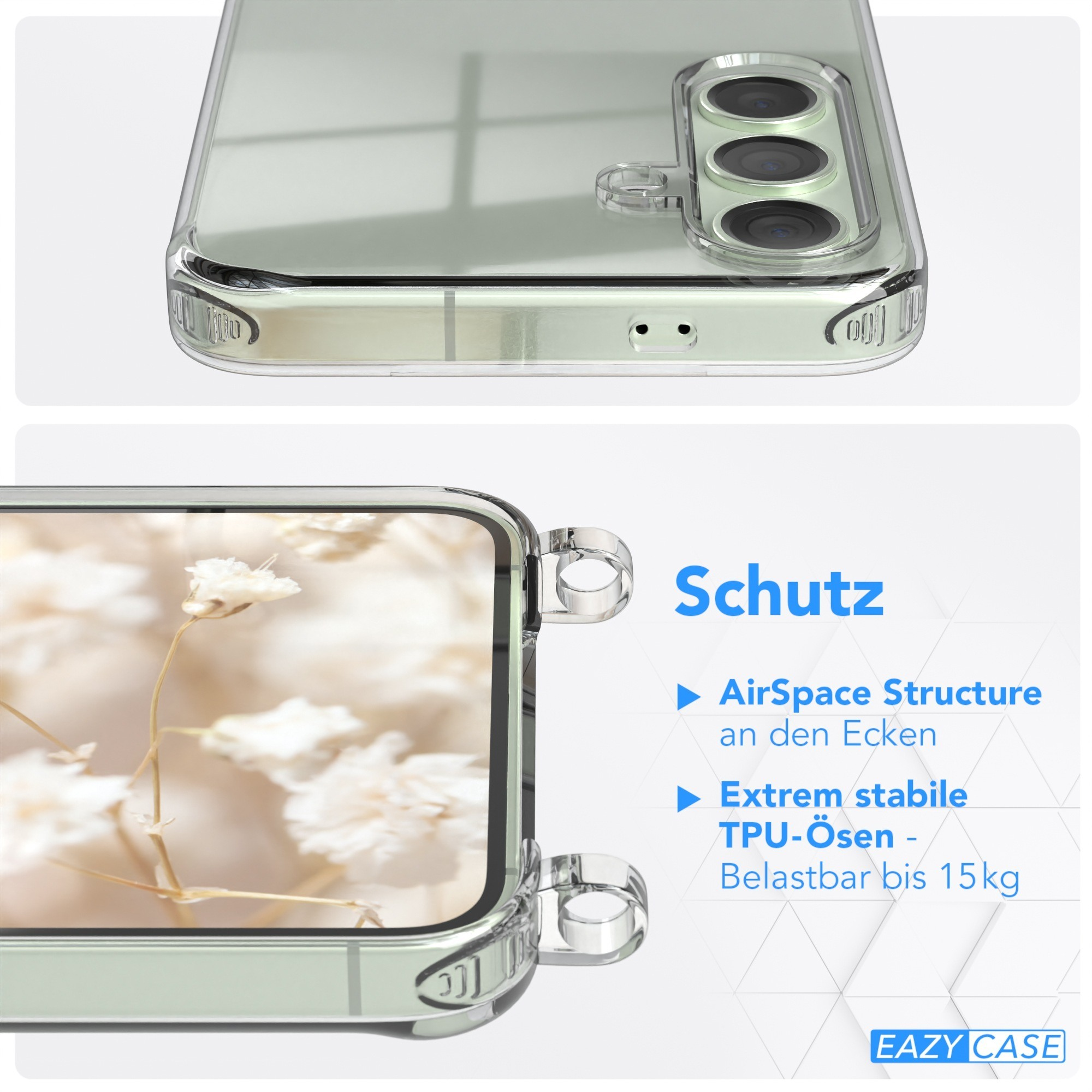 Nahaufnahme einer transparenten Handyhülle mit Blumendetail und Ringen. Text: 'Schutz' und Schutzdetails.