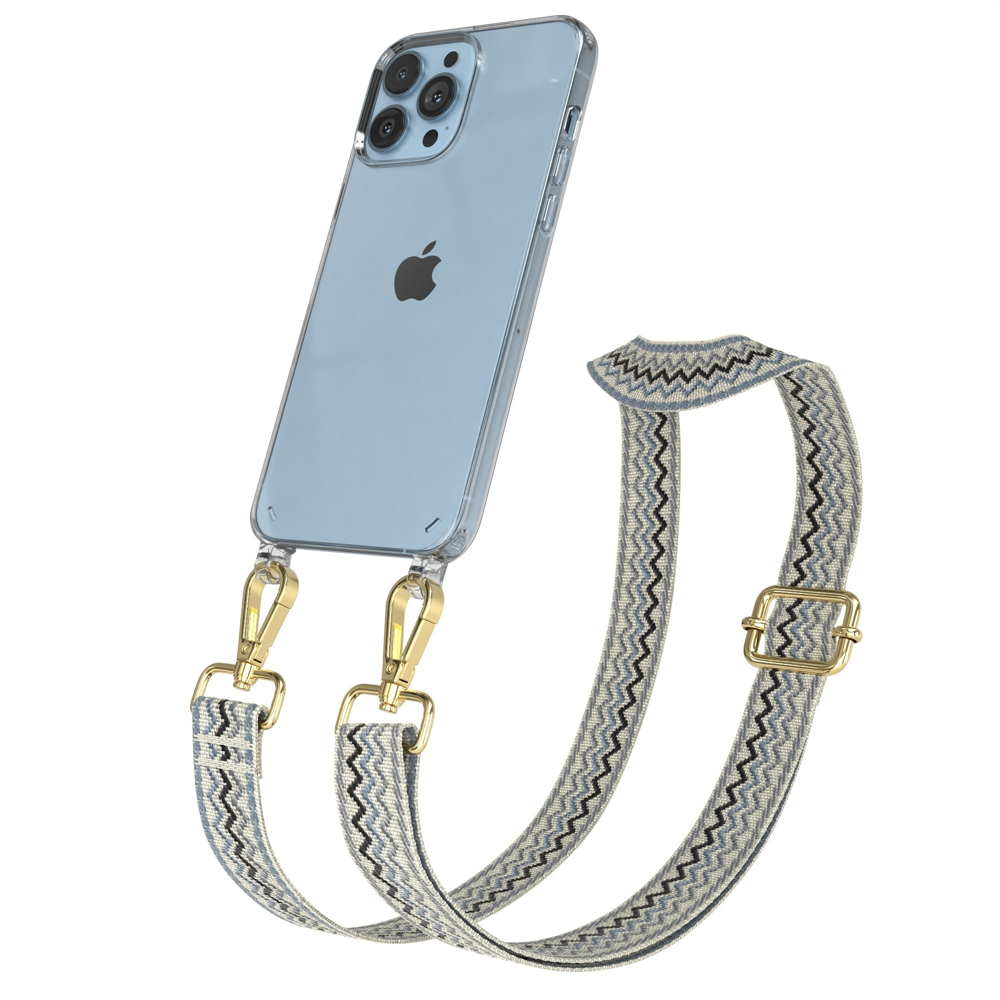 Ein Telefon in einer transparenten Hülle mit blauem Gurtmuster.