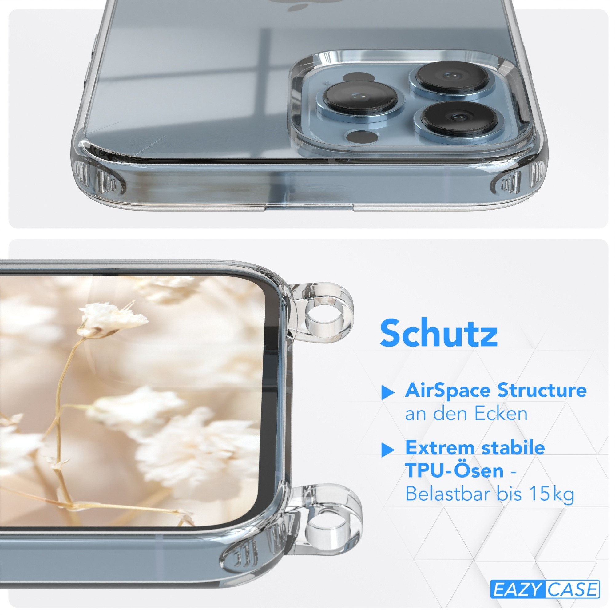 Transparente Handyhülle mit Blumenbild auf dem Bildschirm und Text über den Schutz.