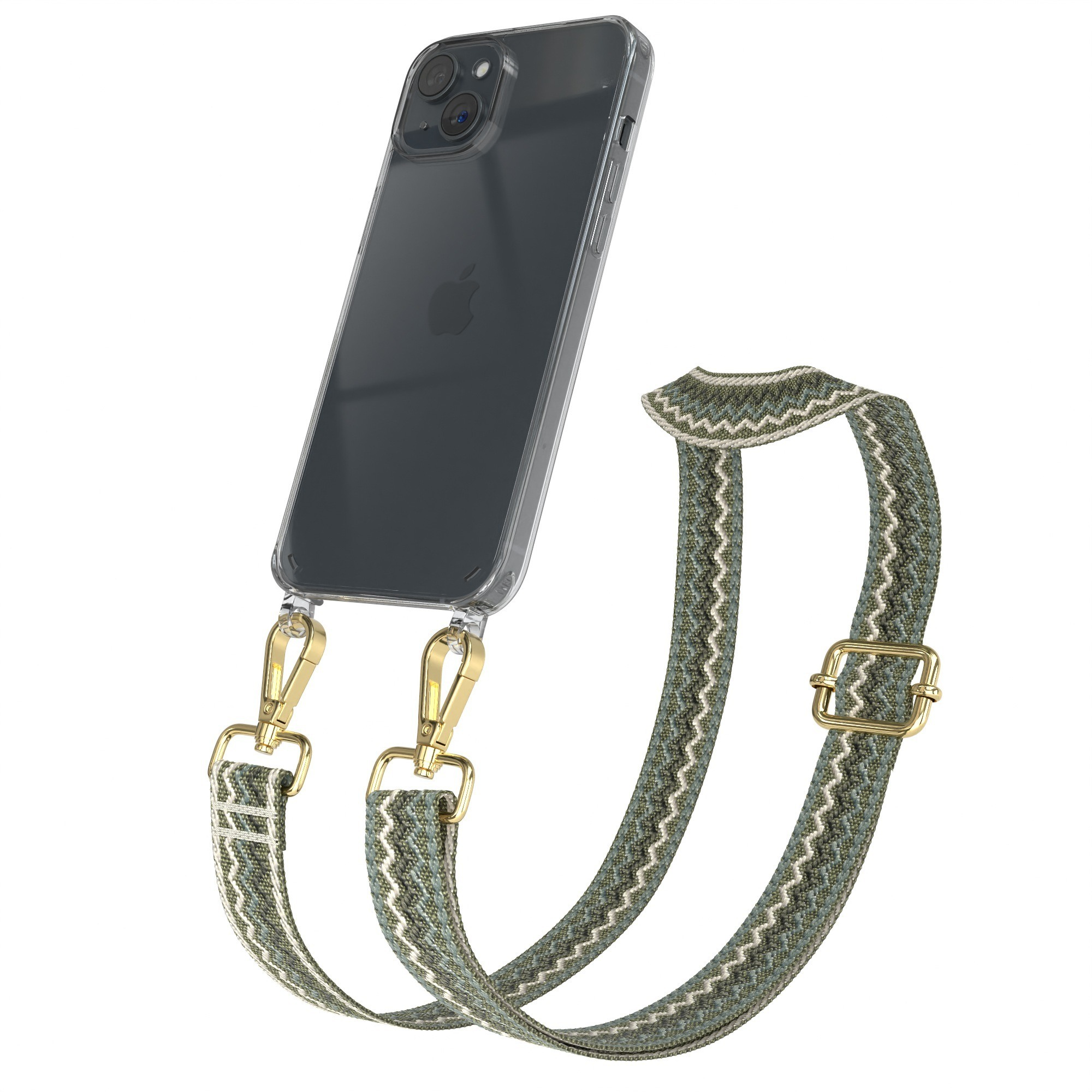 Telefon mit grün-weißem Gurt, goldfarbene Clips.