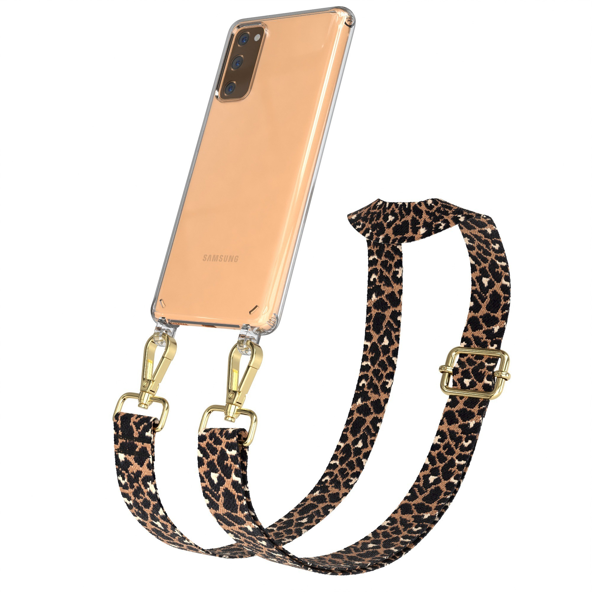 Telefon mit klarer Hülle und Leopardenmuster-Riemen, goldenen Clips und Schnalle. Weißer Hintergrund.