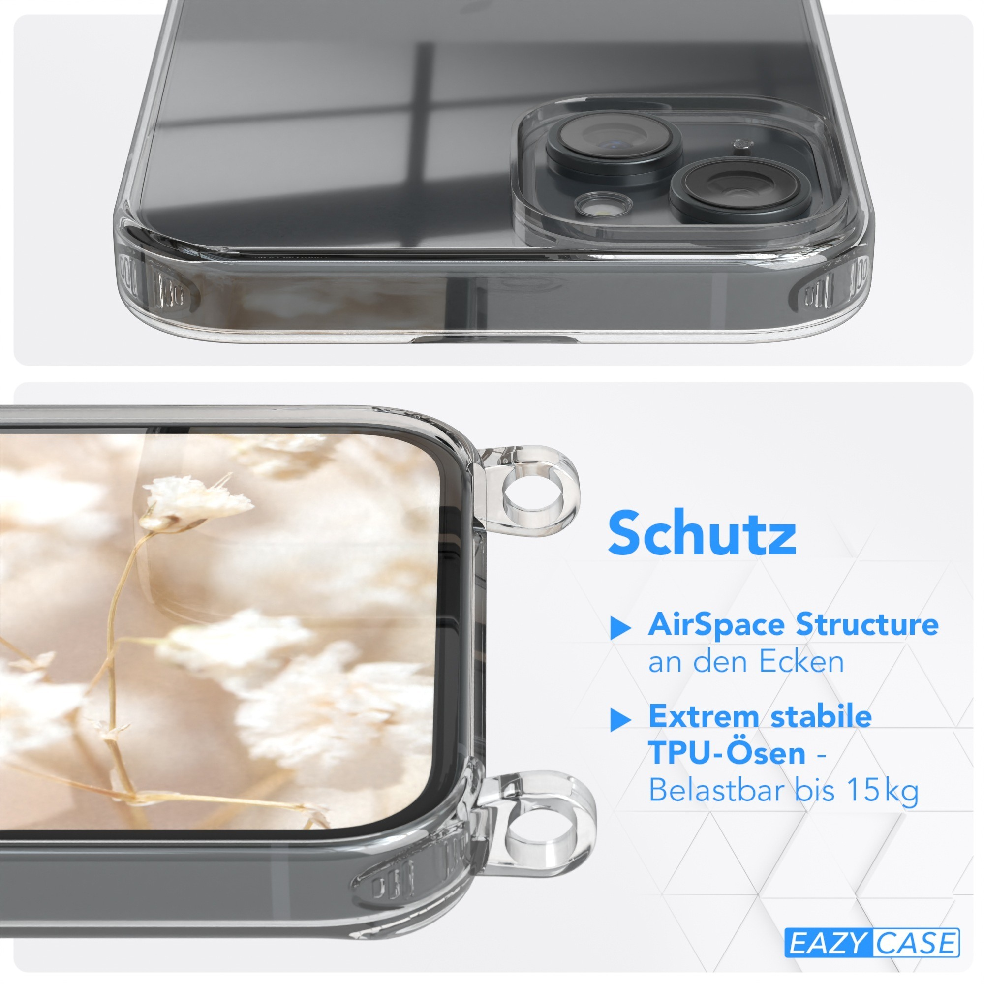 Transparente Handyhülle mit Telefon. Text: Schutz, AirSpace Structure, Extreme stable TPU-Ösen und Logo.